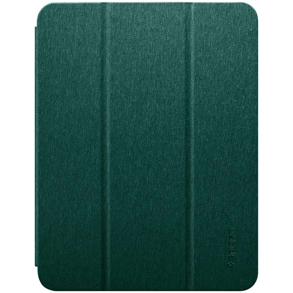 Green tablet cover. The cover is closed. It has a textured surface.