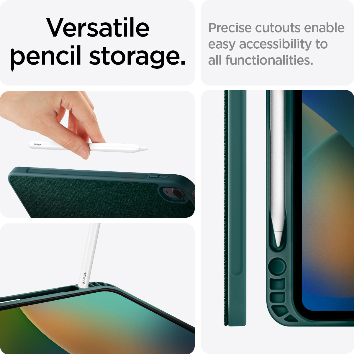 Photos of a tablet case with a pen and a hand inserting a pen.