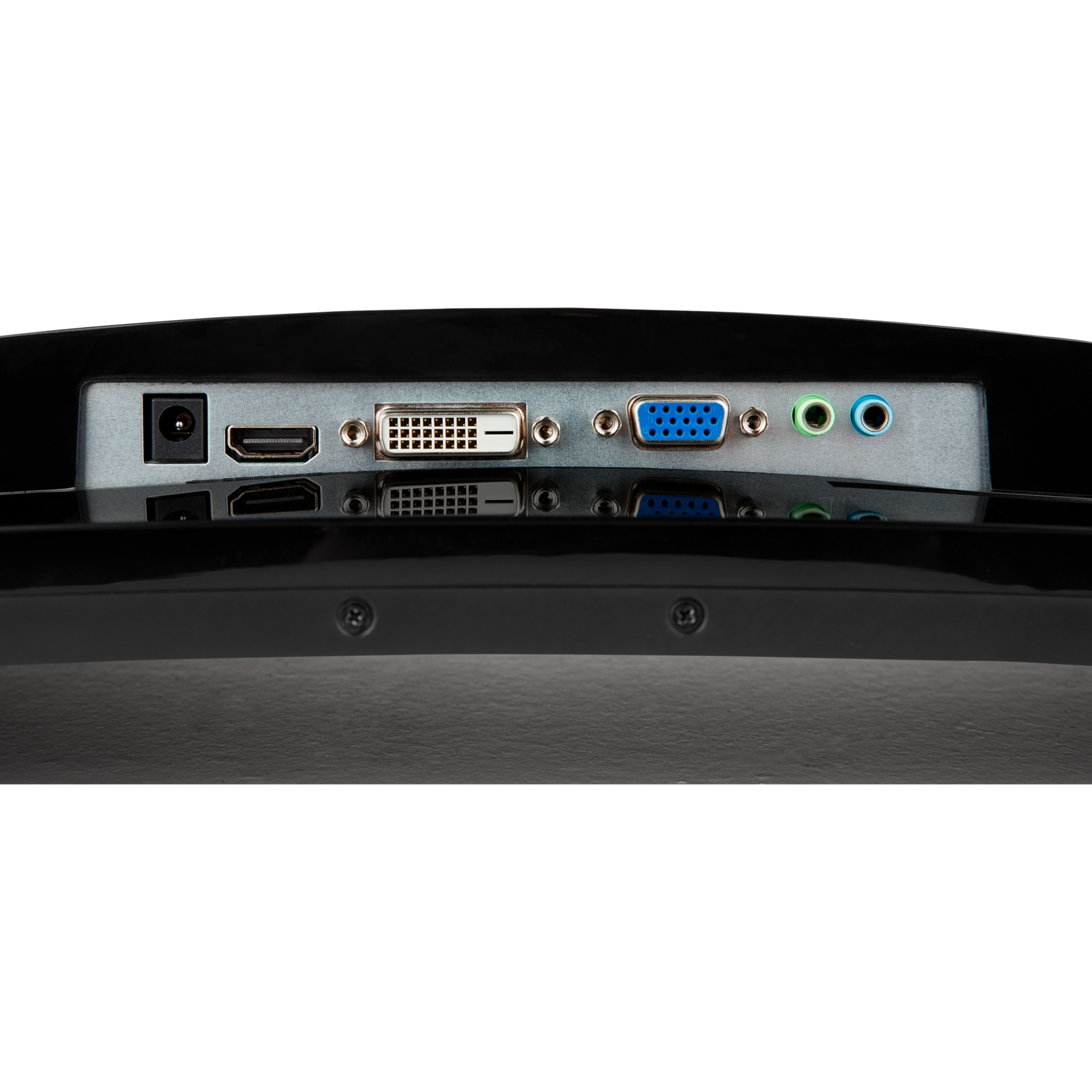 De achterkant van een monitor met verschillende poorten: stroom, HDMI, DVI, VGA en audio-ingangen.