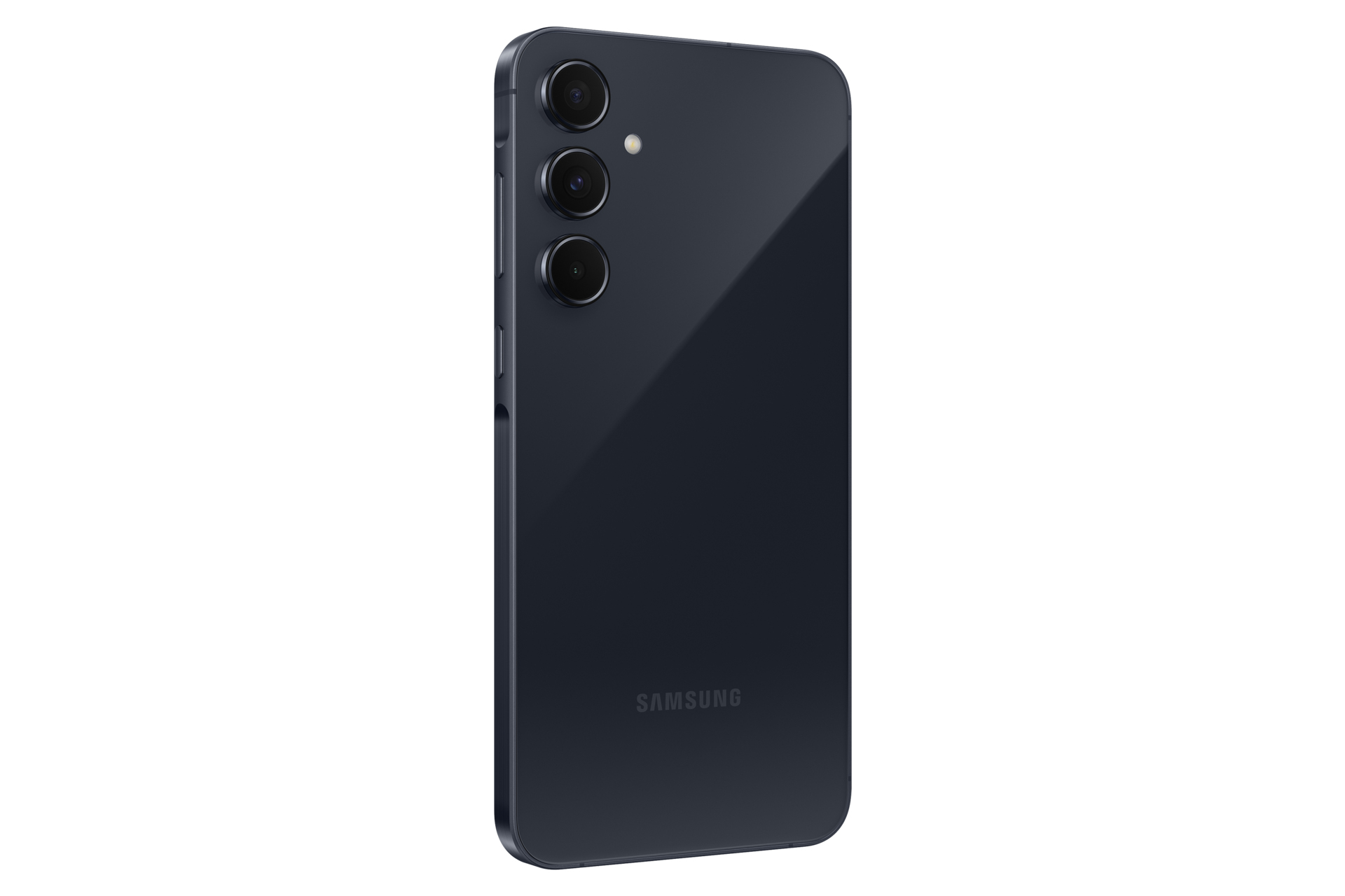 Donkerblauwe smartphone achterkant. Drie camera's. Samsung-logo onderaan.