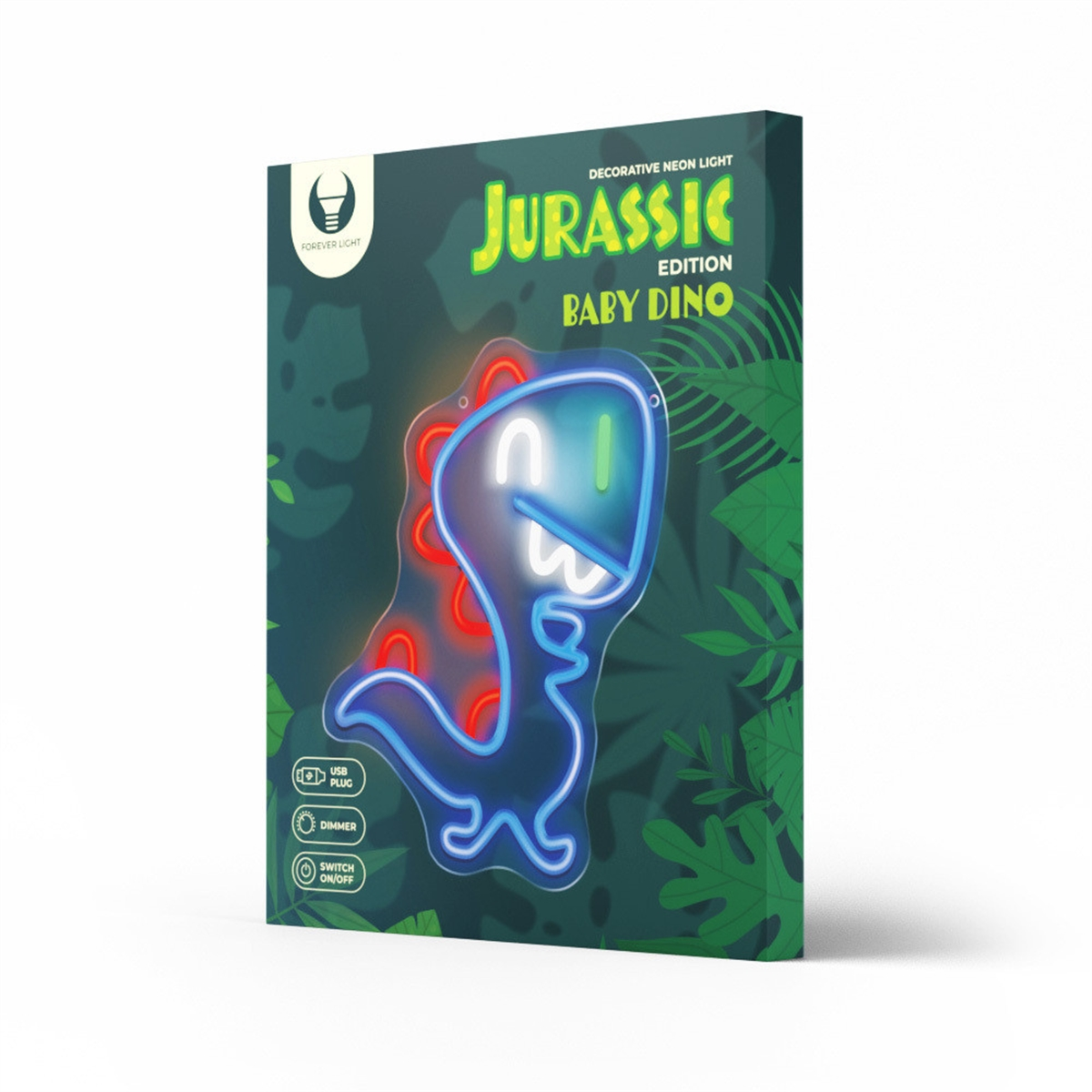 Caja con letrero de neón de dinosaurio bebé Jurassic. Luces de neón azules y rojas forman un dinosaurio en la caja.