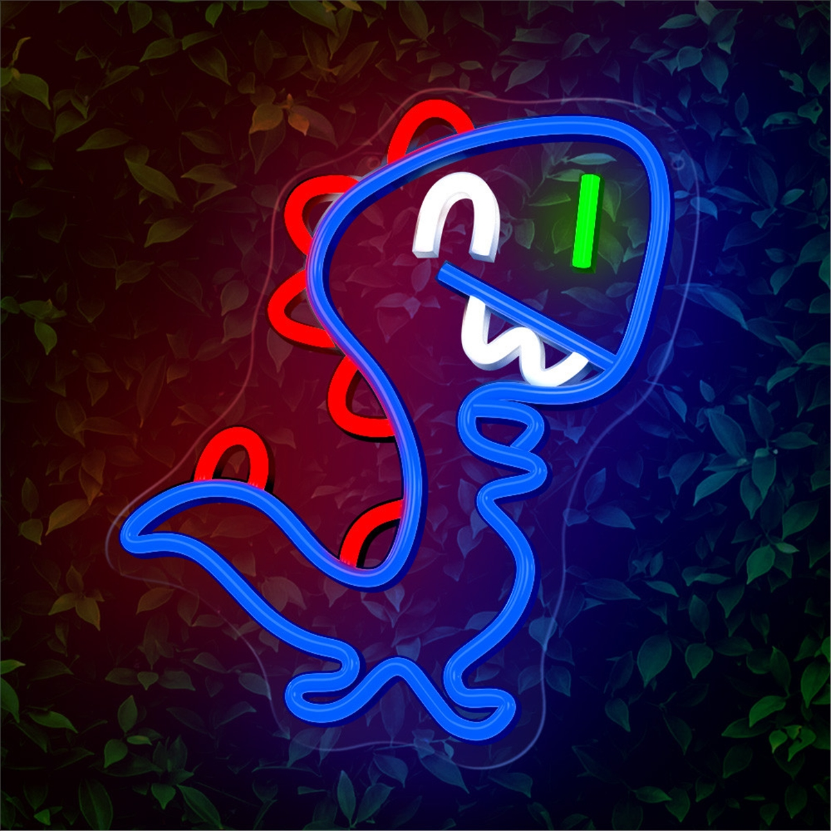 Letrero de dinosaurio de neón con luces azules, rojas y verdes, sobre fondo oscuro.