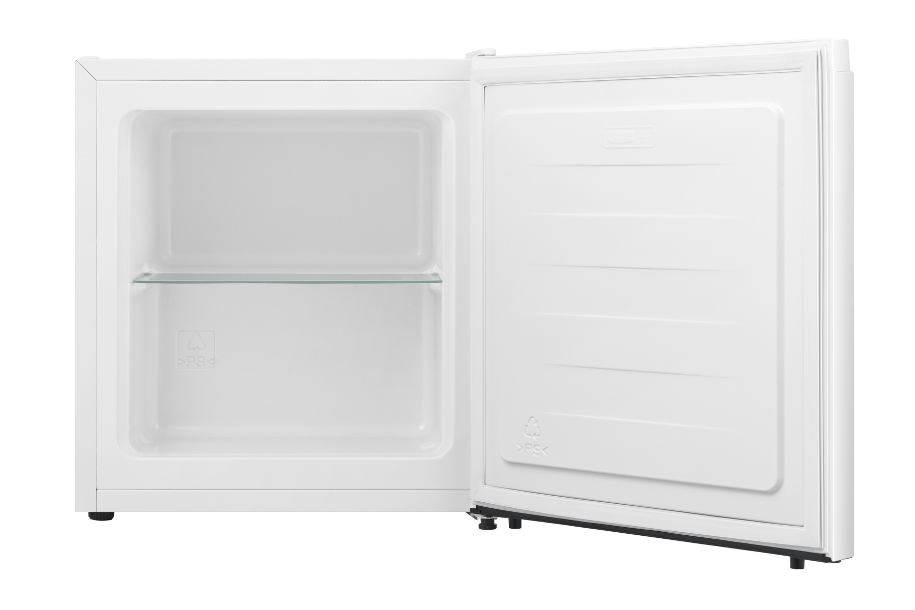 Un mini-frigorifero bianco con porta aperta, che mostra ripiani, e sfondo bianco.