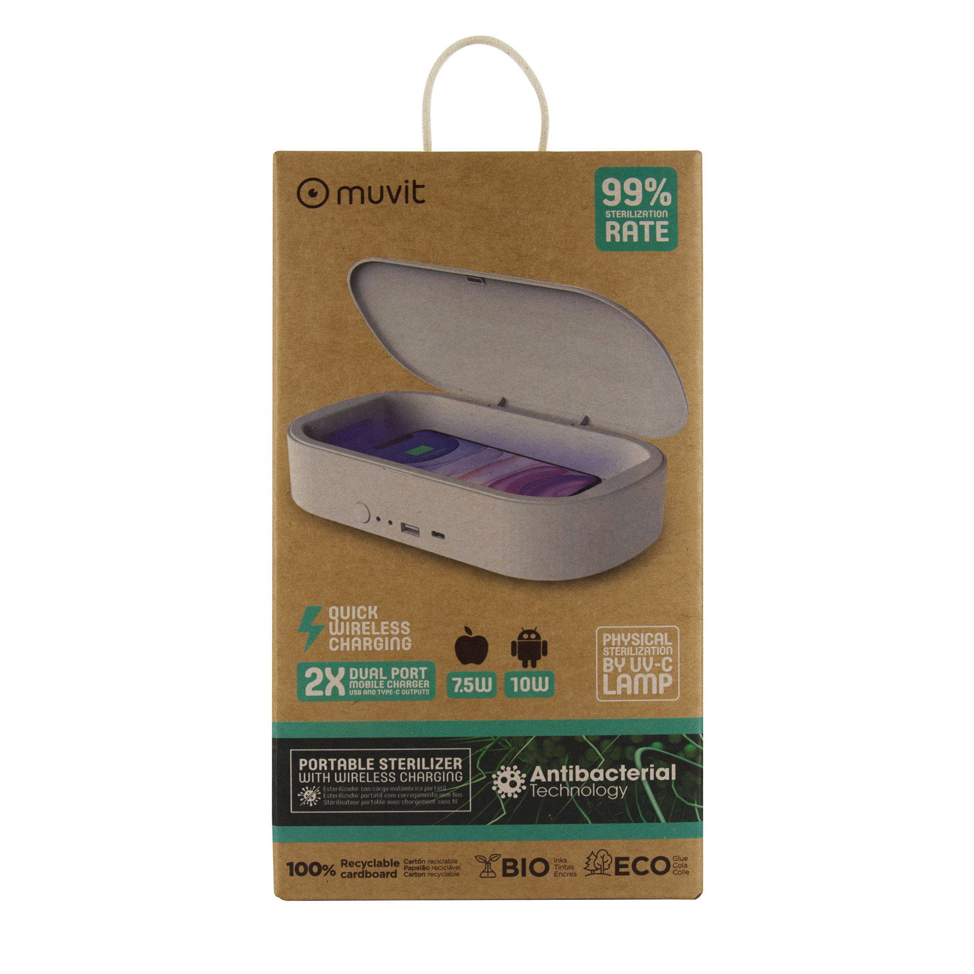 Una caja blanca y marrón con un teléfono dentro, etiquetada con carga inalámbrica y tecnología antibacteriana.