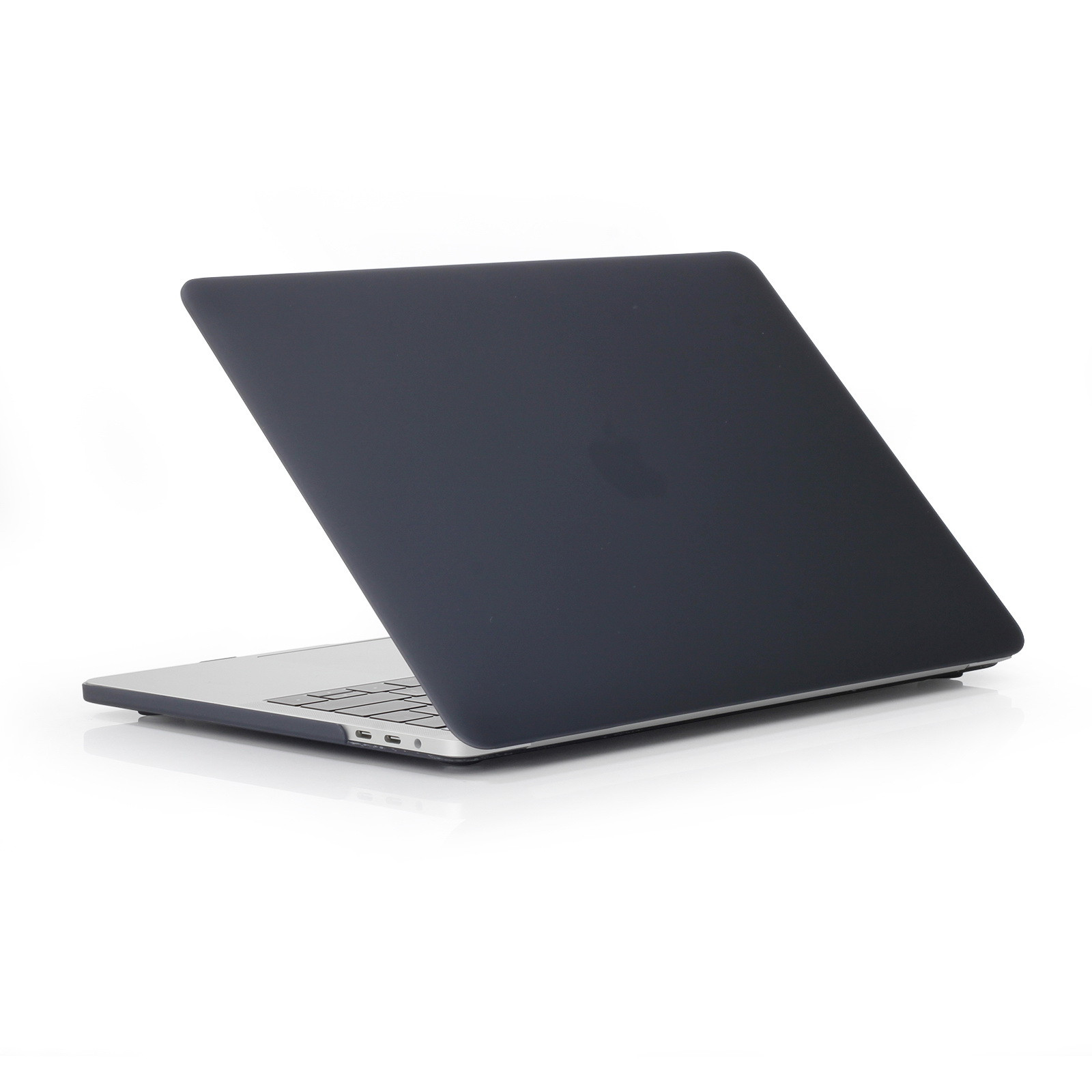 Laptop grigio scuro, aperto, vista angolata. Tastiera nera, finiture argentate, sfondo bianco.
