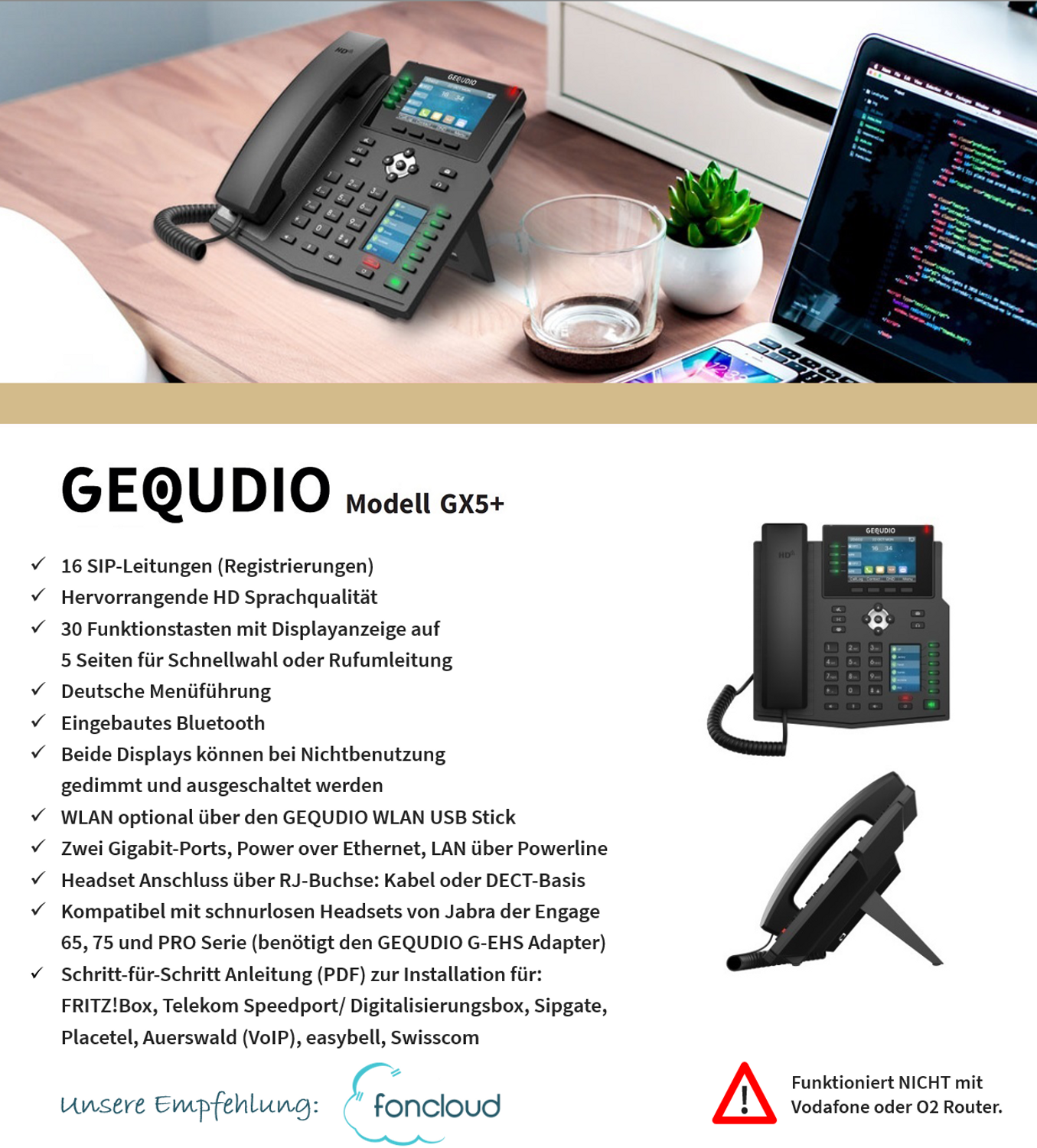 Ein schwarzes Bürotelefon mit Bildschirm und Tasten, mit einem Computer im Hintergrund.