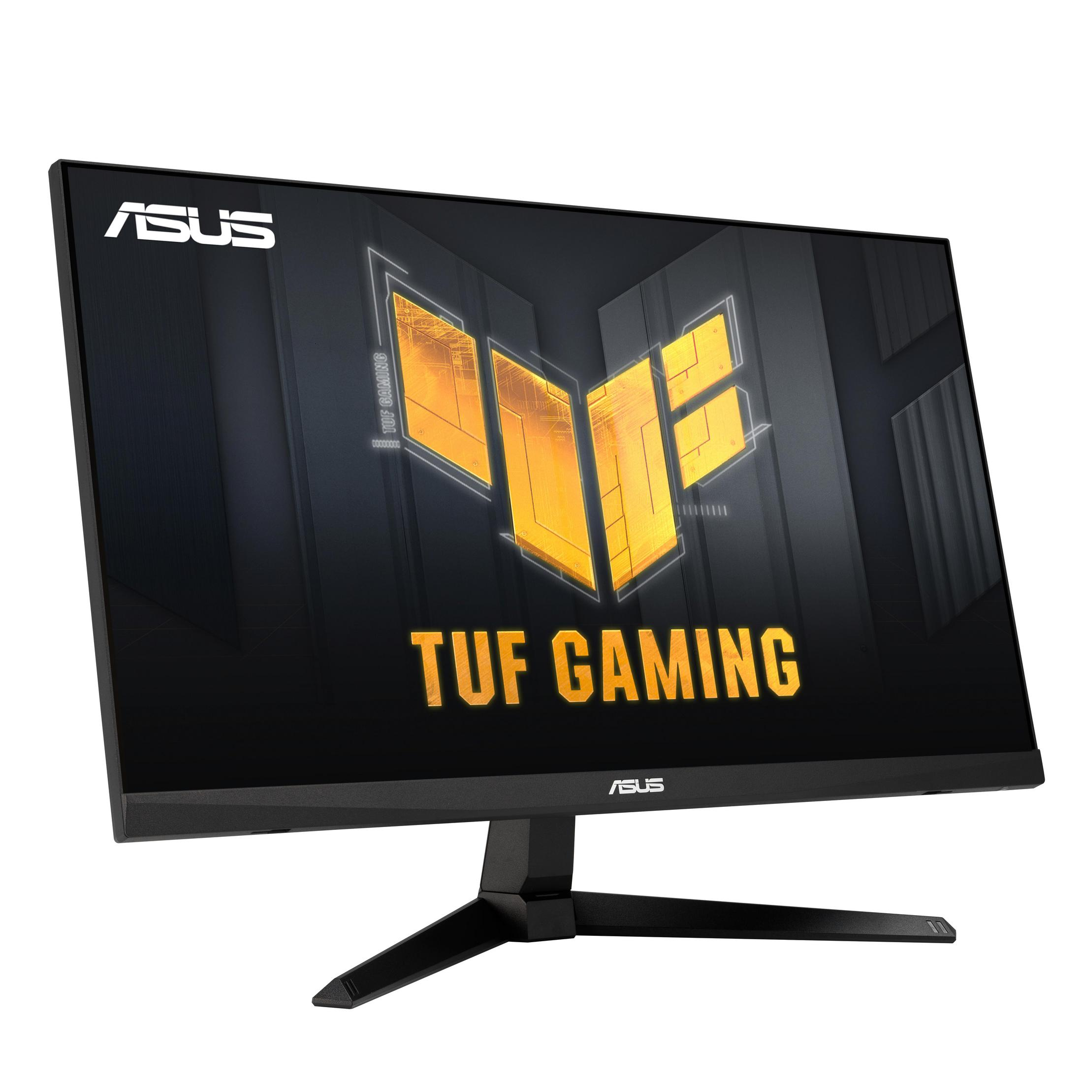 Monitor ASUS TUF Gaming. Posiada czarną ramkę, czarną podstawę i wyświetlany interfejs gier.