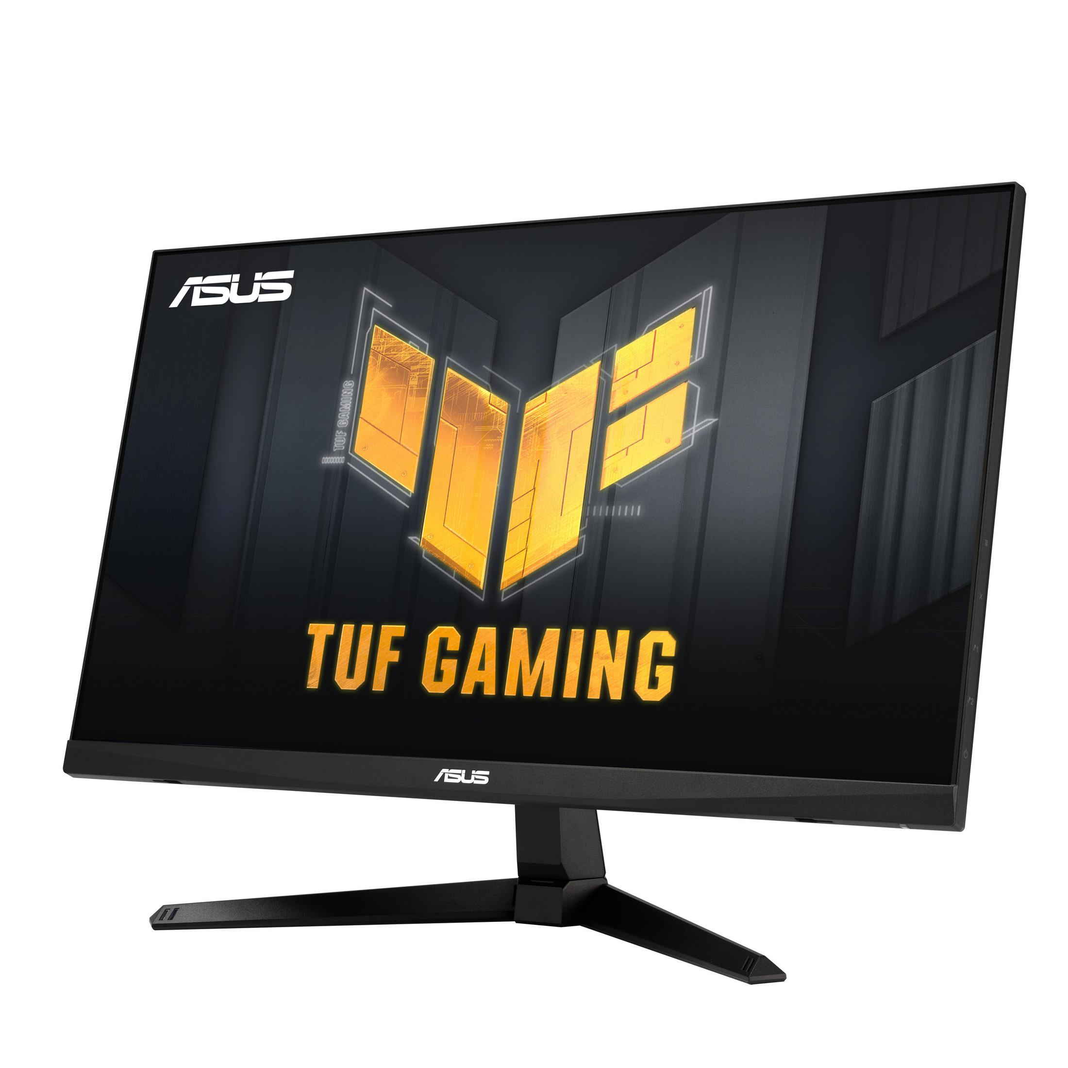 Czarny monitor do gier ASUS TUF. Ekran wyświetla żółte logo TUF Gaming.