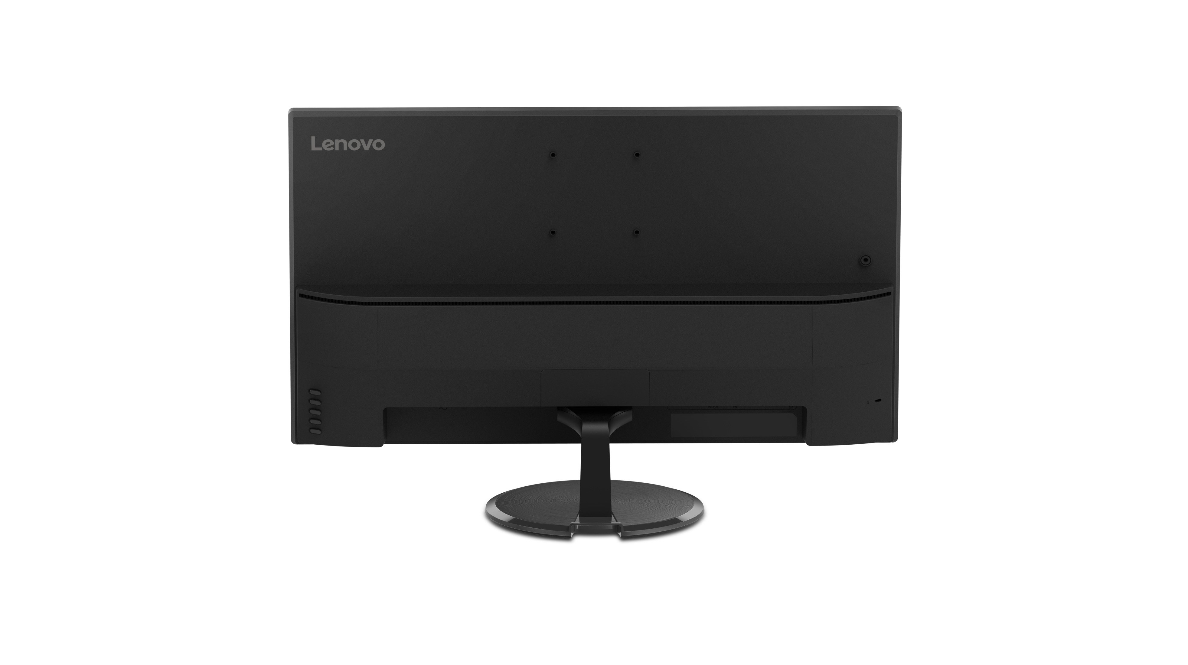 Tył czarnego monitora Lenovo, z portami i podstawką, na białym tle.