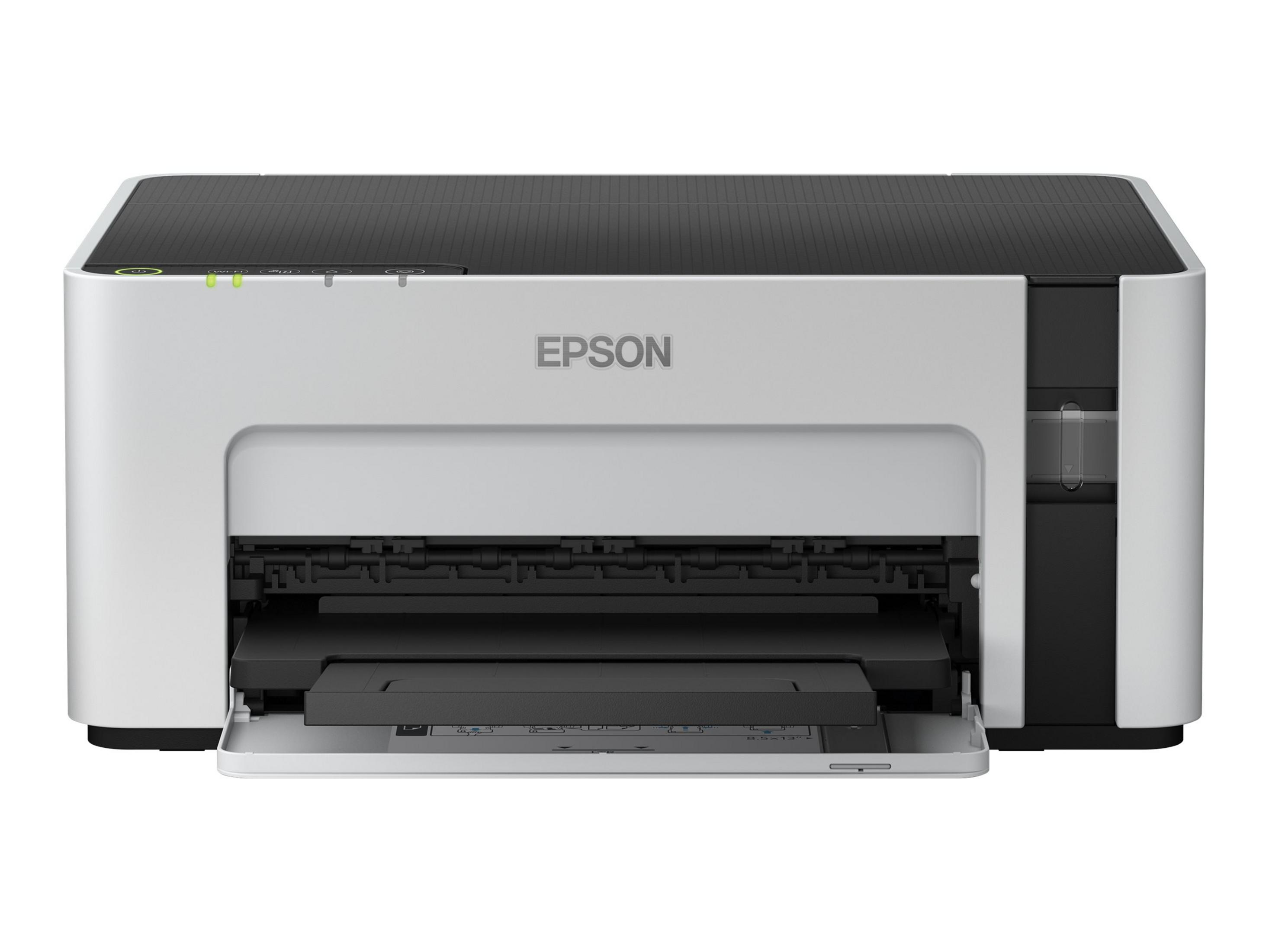 Biała drukarka Epson z otwartą przednią tacą i widocznym logo Epson.