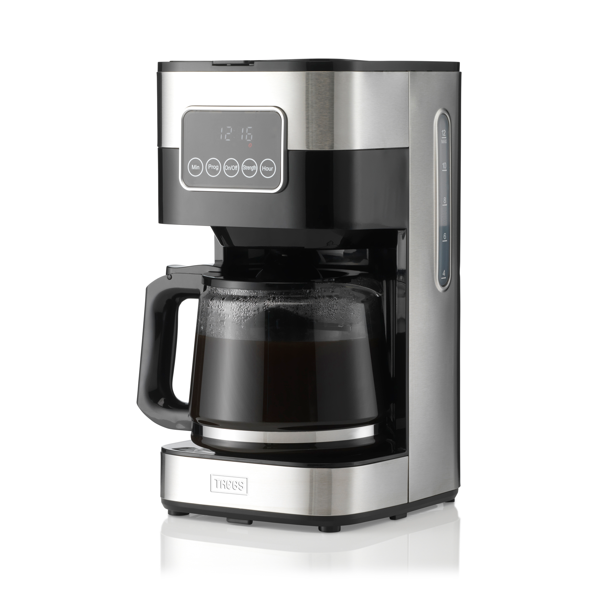 Silber-schwarze Kaffeemaschine, Glaskaraffe. Bedienelemente oben mit Digitalanzeige.
