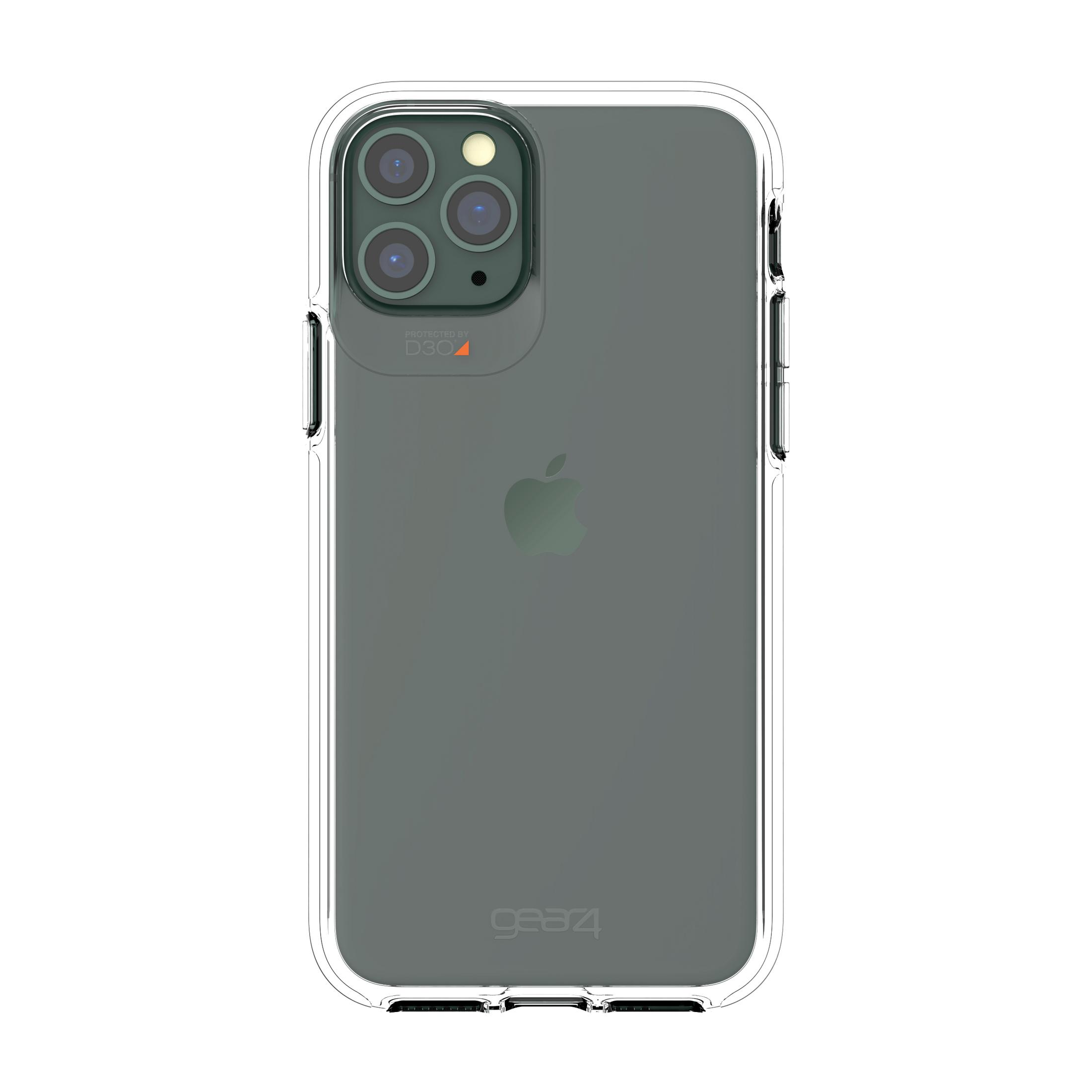 Una custodia trasparente per iPhone. La custodia mostra le fotocamere e il logo Apple.