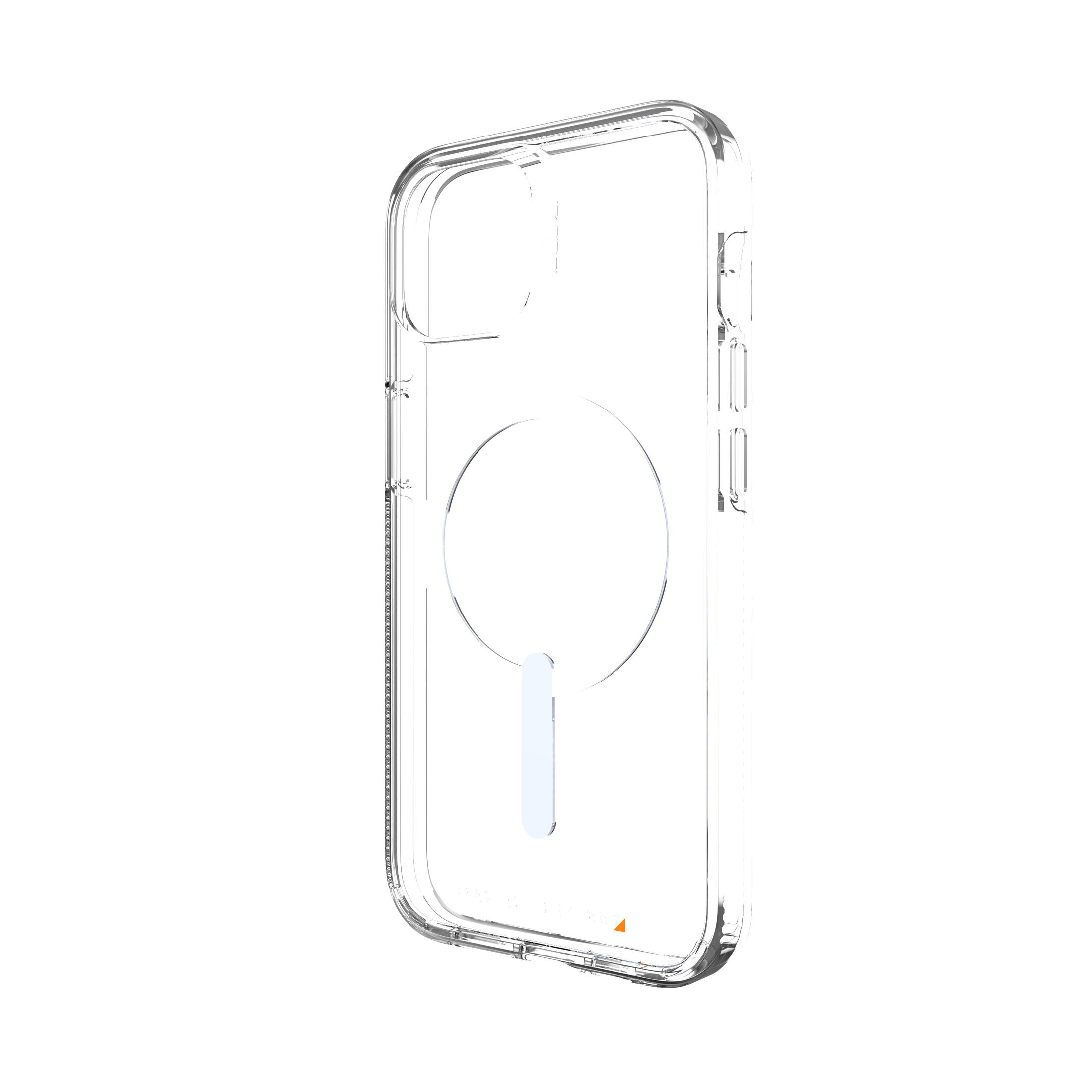 Transparente Handyhülle mit einem kreisförmigen Magneten, Handyhülle ist leer, isoliert auf weißem Hintergrund.