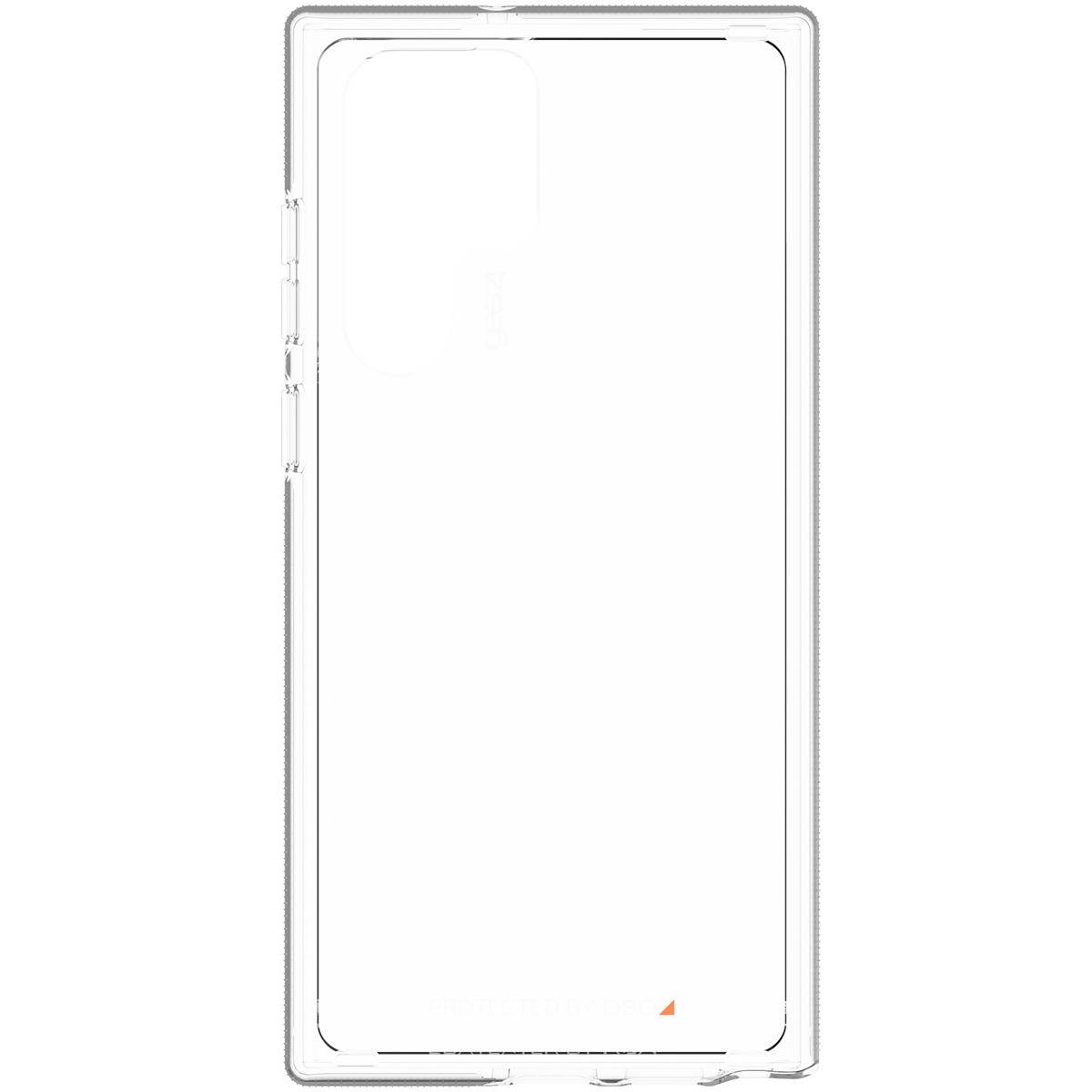 Eine transparente Handyhülle. Die Hülle ist transparent, mit einer Telefonkontur. Oranges Logo unten.