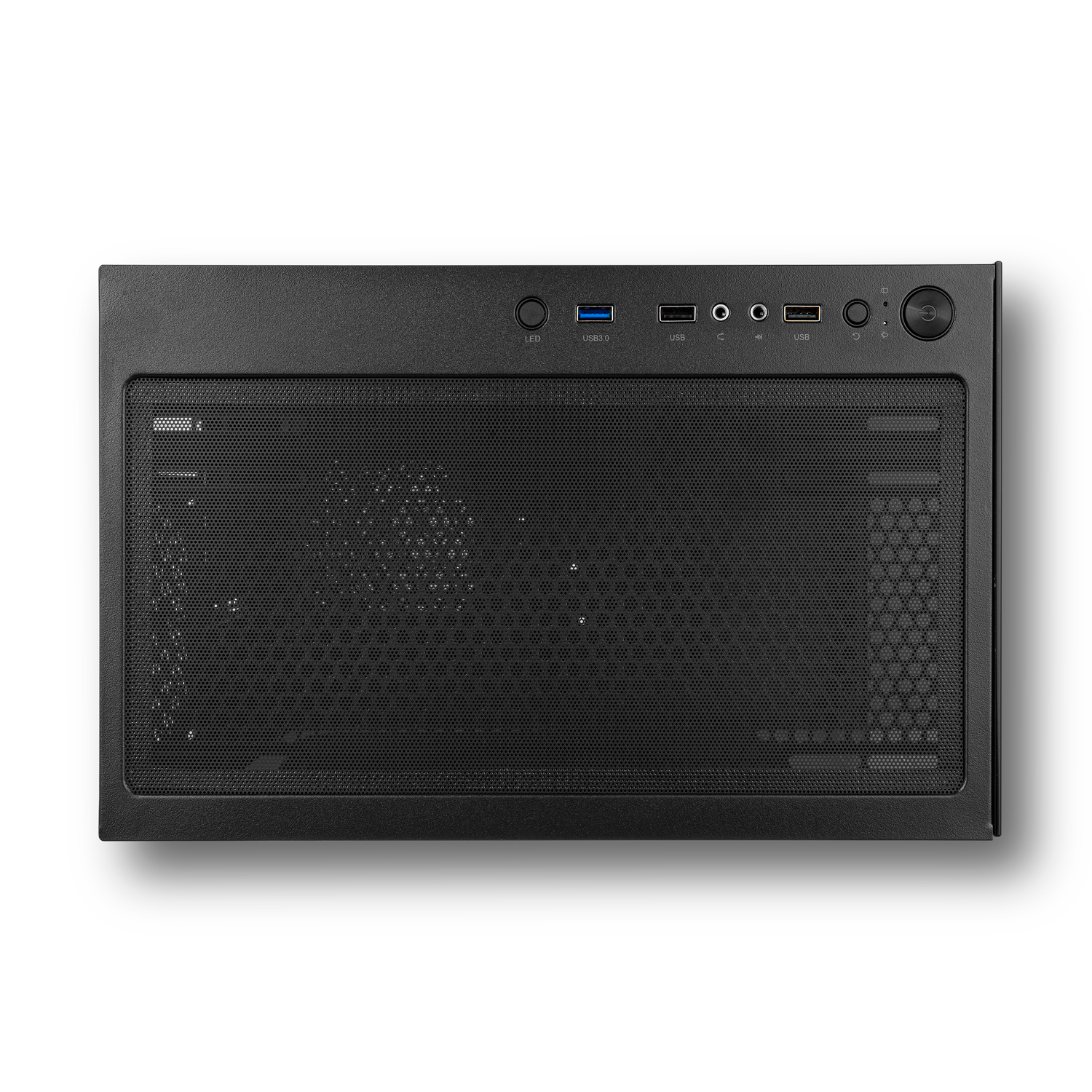 La parte superior de una caja de computadora negra, con un panel de malla, varios puertos y botones, fondo blanco.