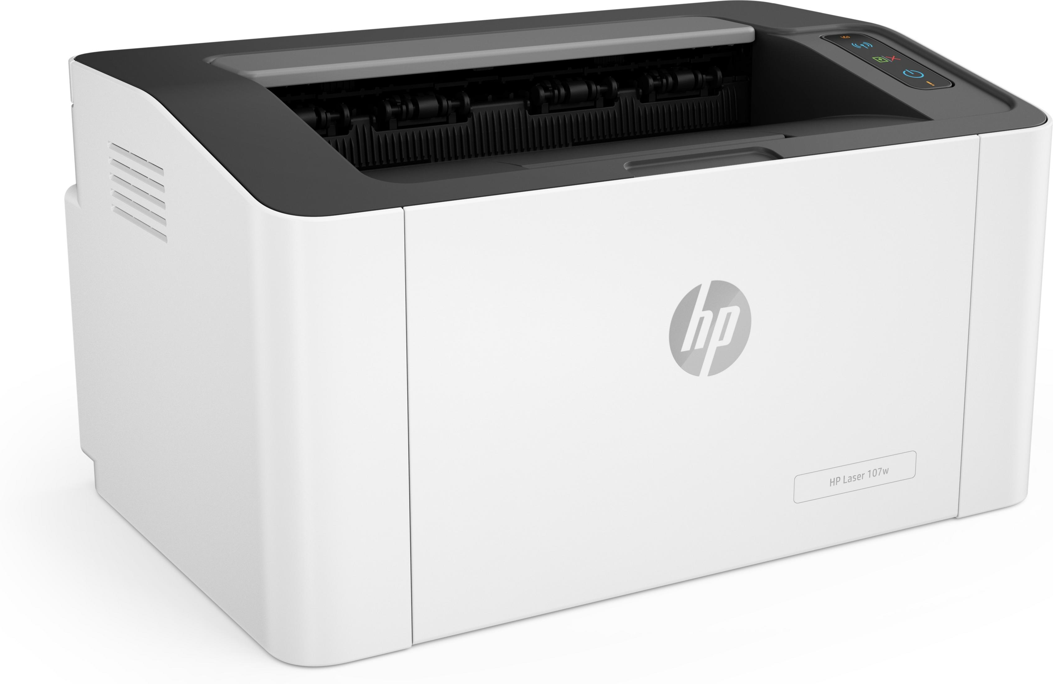 Stampante HP Laser 107w bianca, parte superiore nera, logo frontale, vista angolata, sfondo bianco.