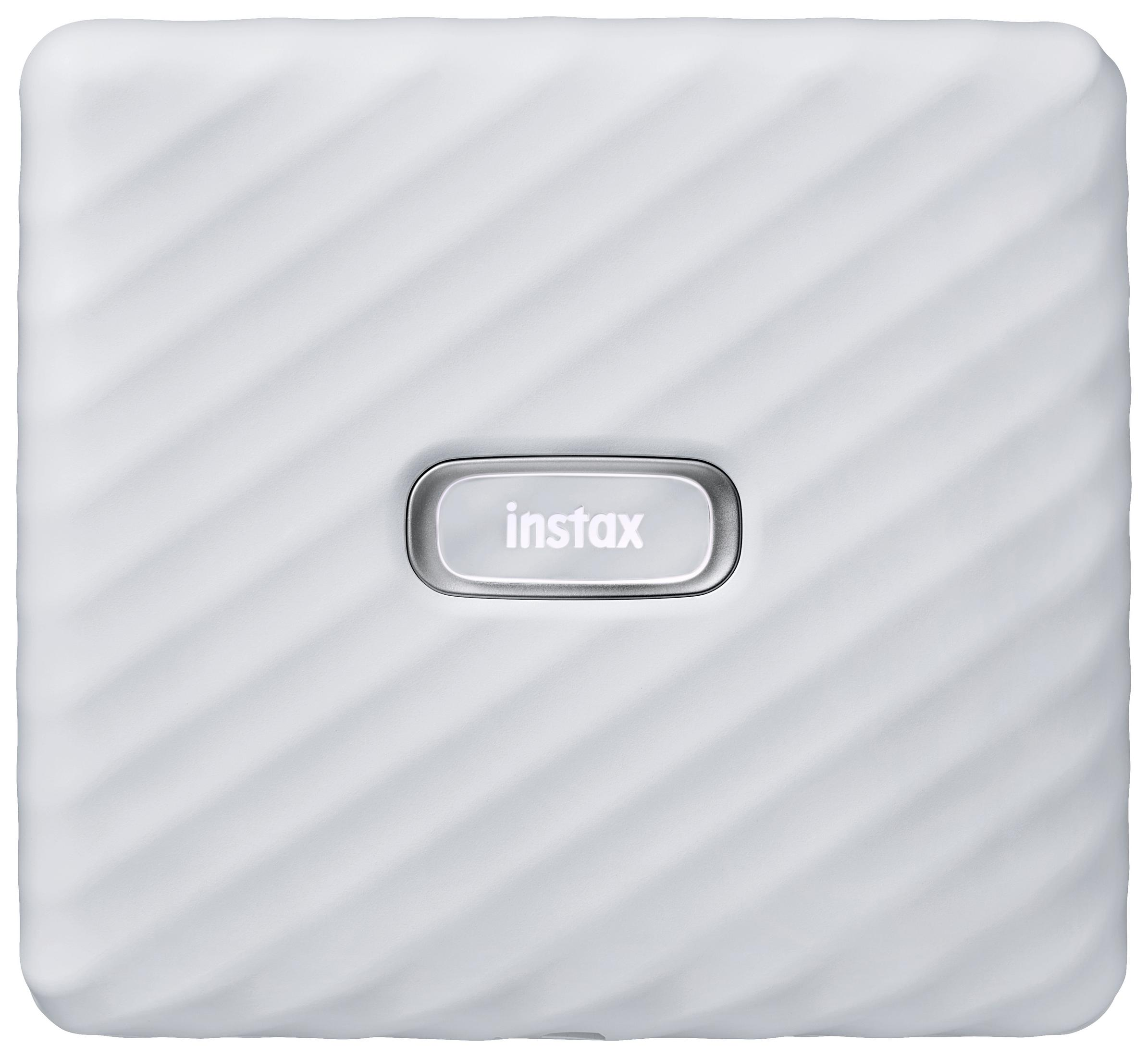 Una stampante Instax Link bianca. Ha una superficie strutturata e un pulsante Instax argentato.