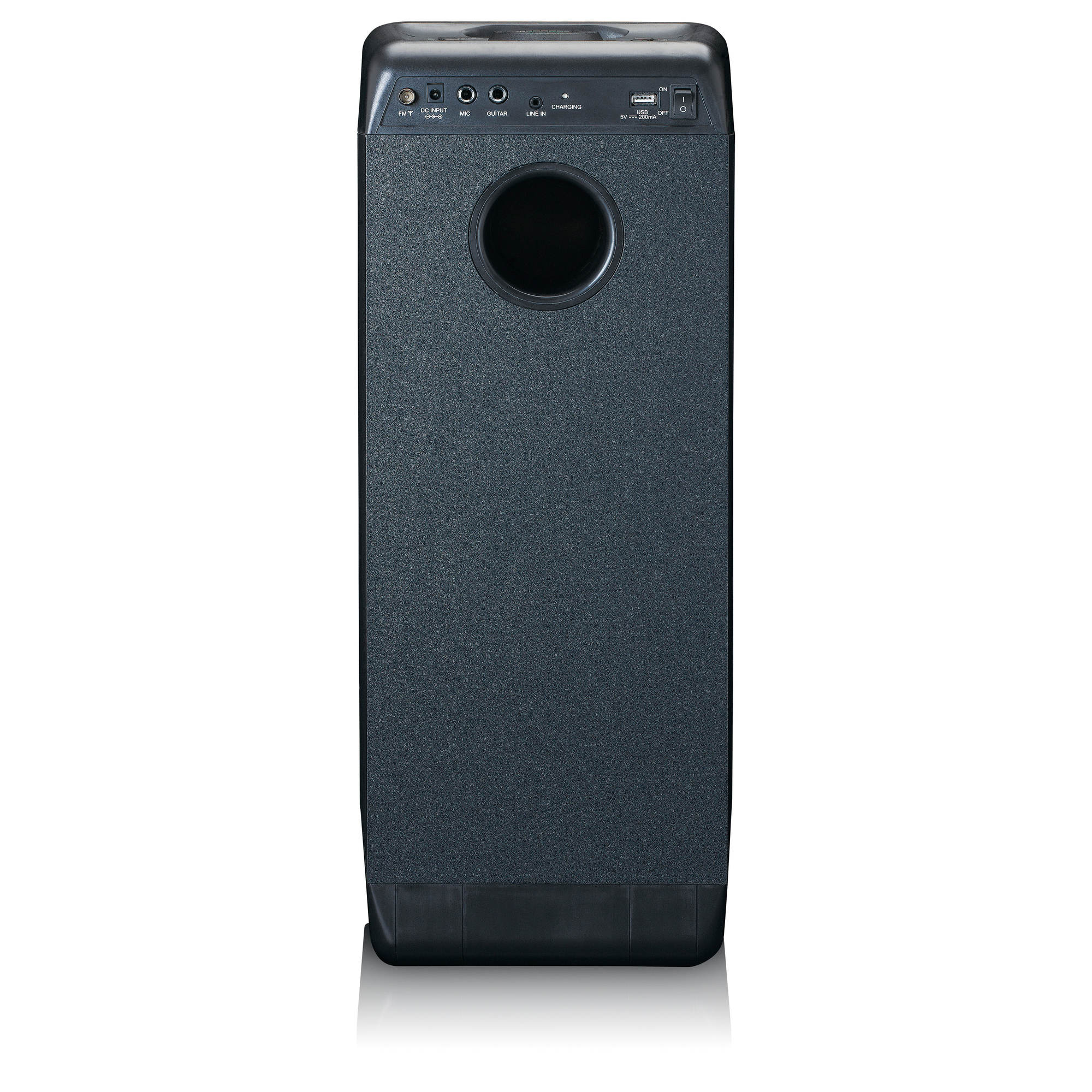 Altoparlante subwoofer nero con ingressi e una grande porta circolare sul pannello frontale.