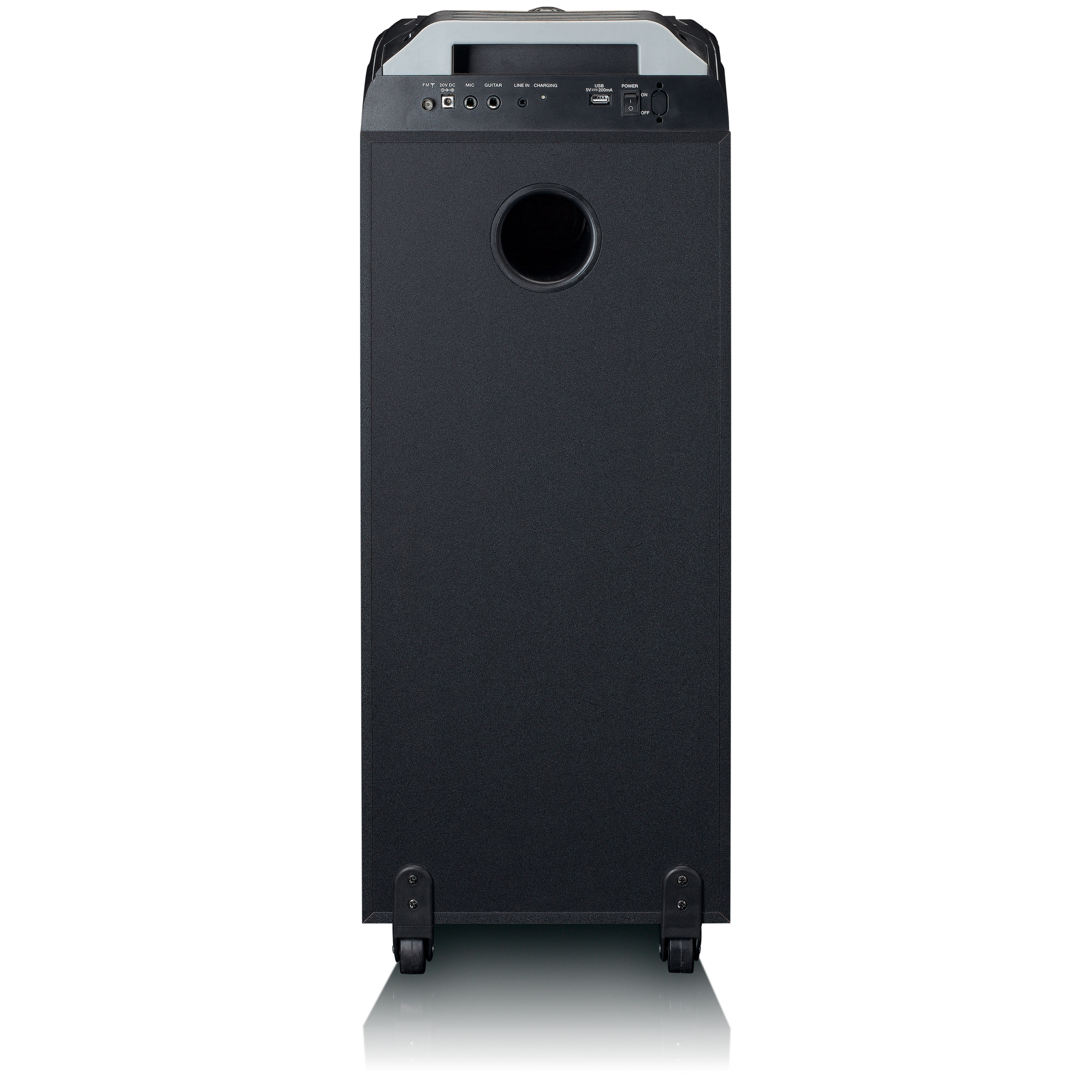 Czarny głośnik z kółkami i panelem sterowania. Prostokątny kształt, z centralnym okrągłym otworem.