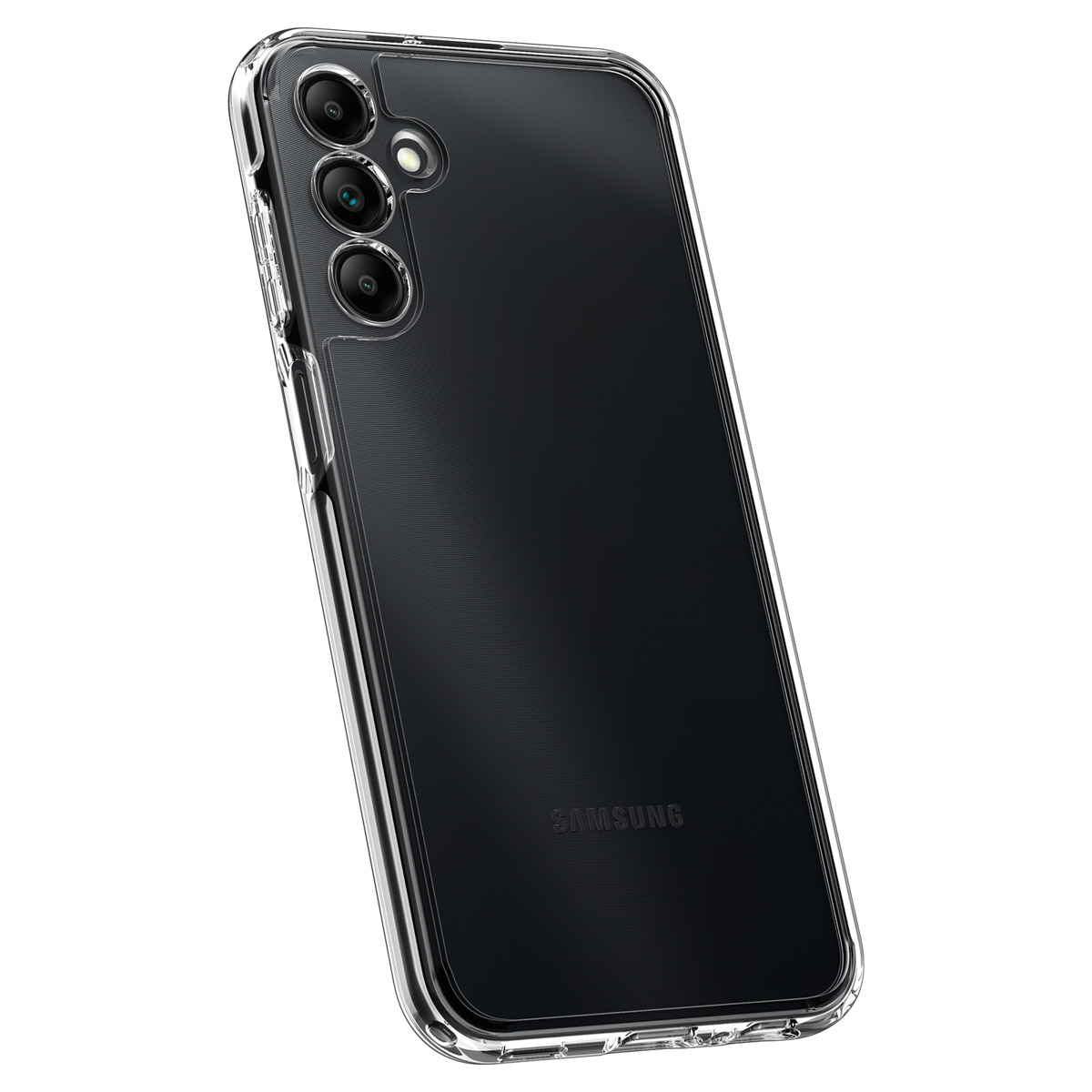 Un telefono Samsung nero in una custodia trasparente con tre obiettivi per fotocamera.