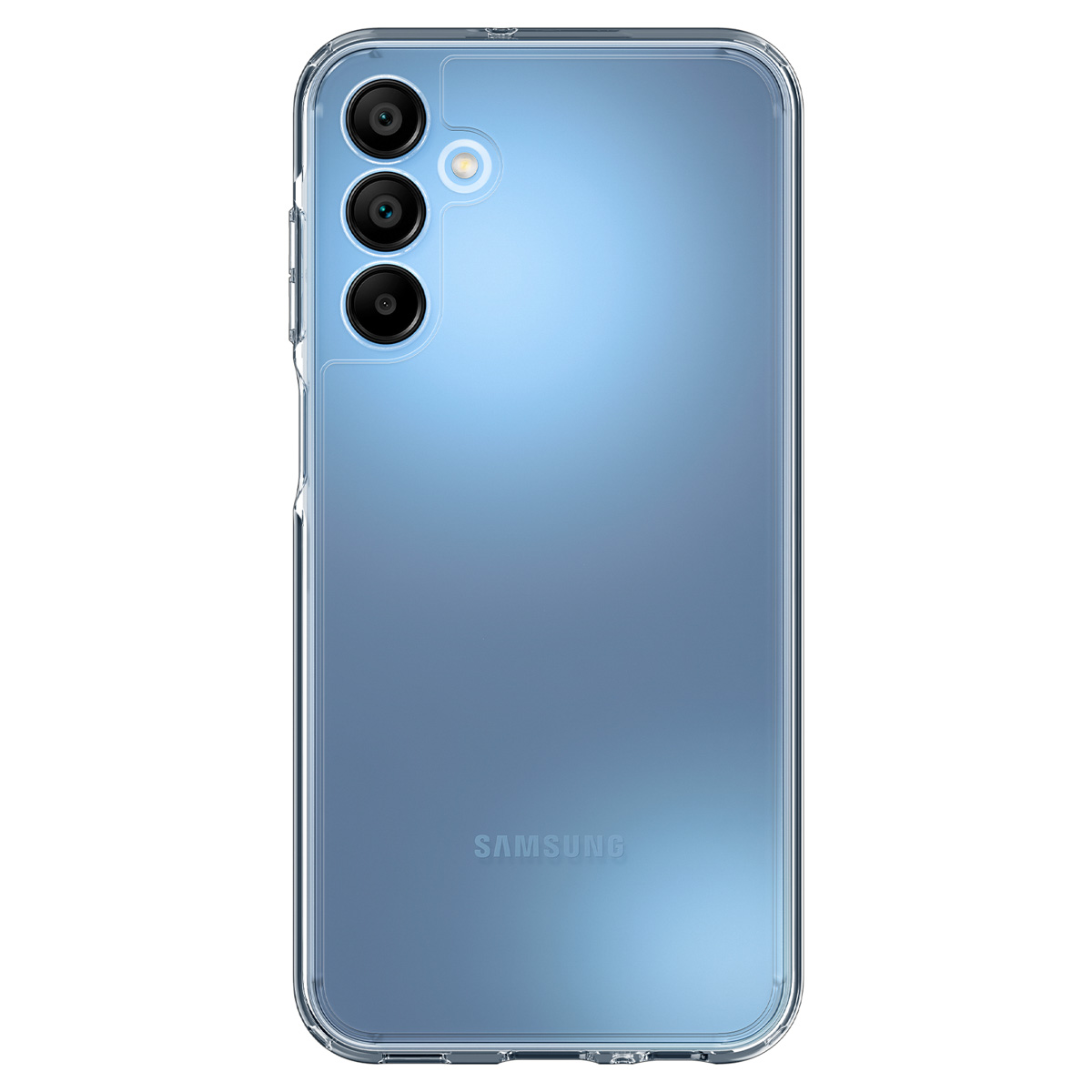 Un telefono Samsung blu con una custodia trasparente, che mostra tre obiettivi della fotocamera sul retro.