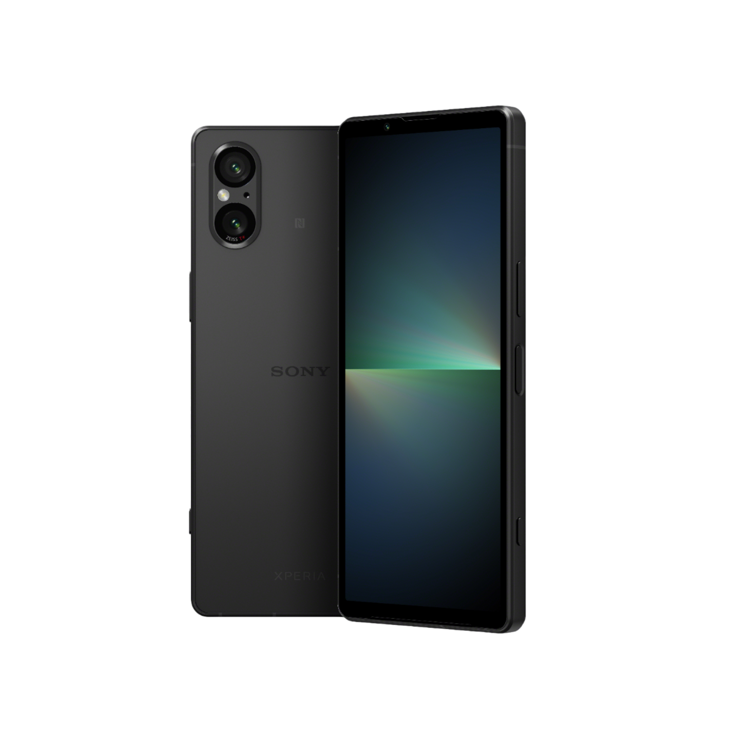 Schwarzes Sony-Telefon mit zwei Rückkameras und einer Frontkamera. Der Name 'XPERIA' steht auf dem Telefon.