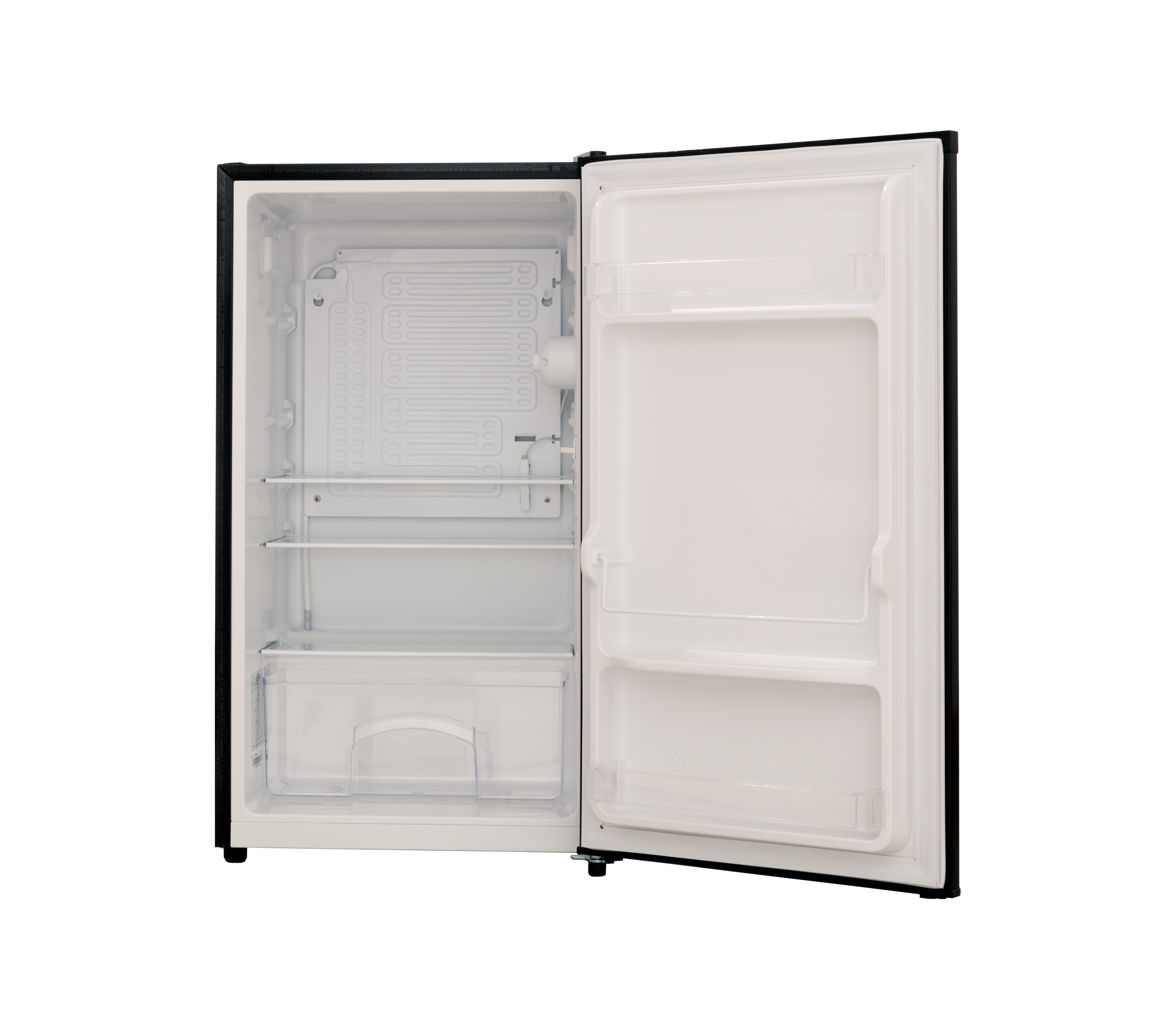 Réfrigérateur ouvert, vide à l'intérieur. Porte ouverte. Intérieur blanc, cadre noir.