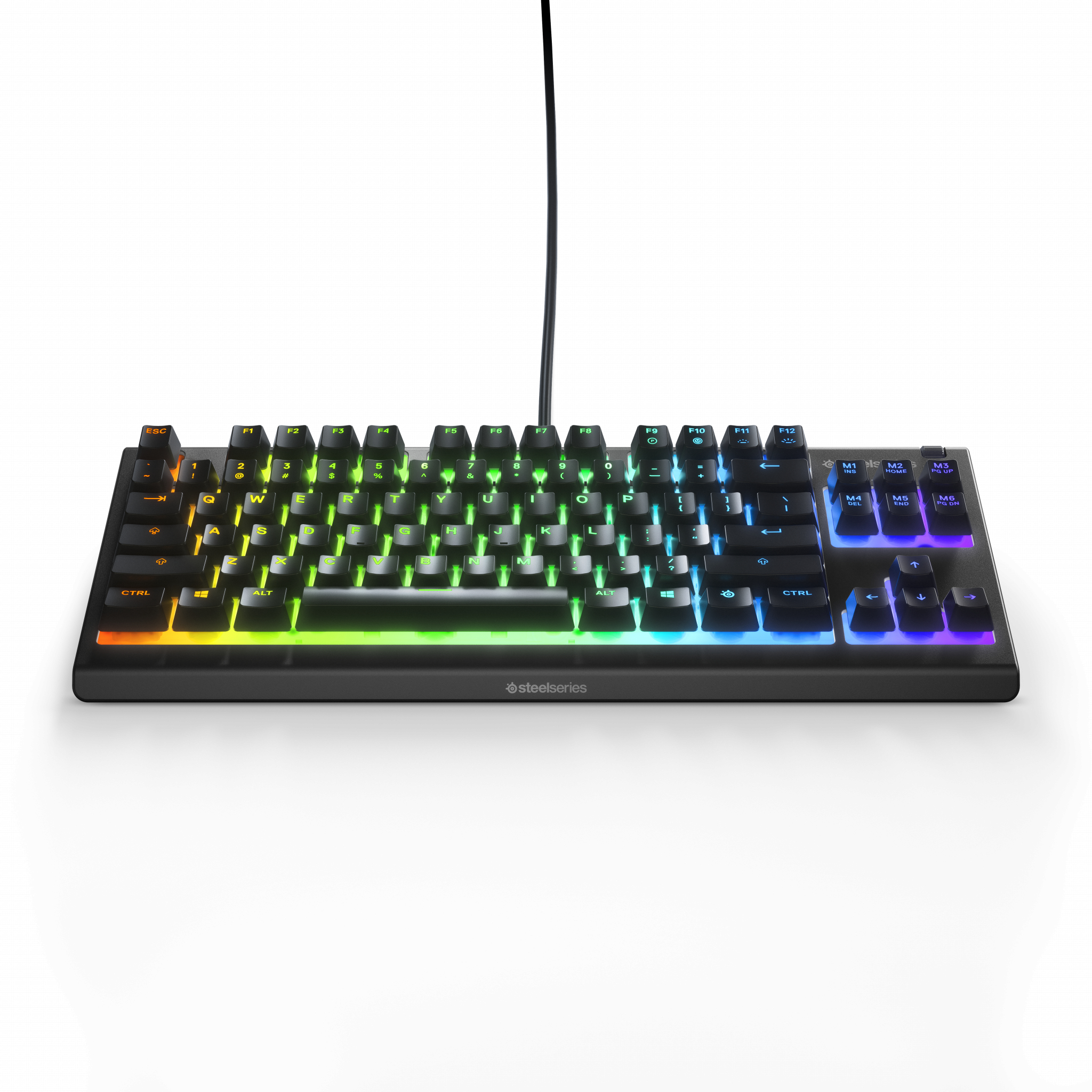 Tastiera nera con tasti arcobaleno e il marchio SteelSeries.