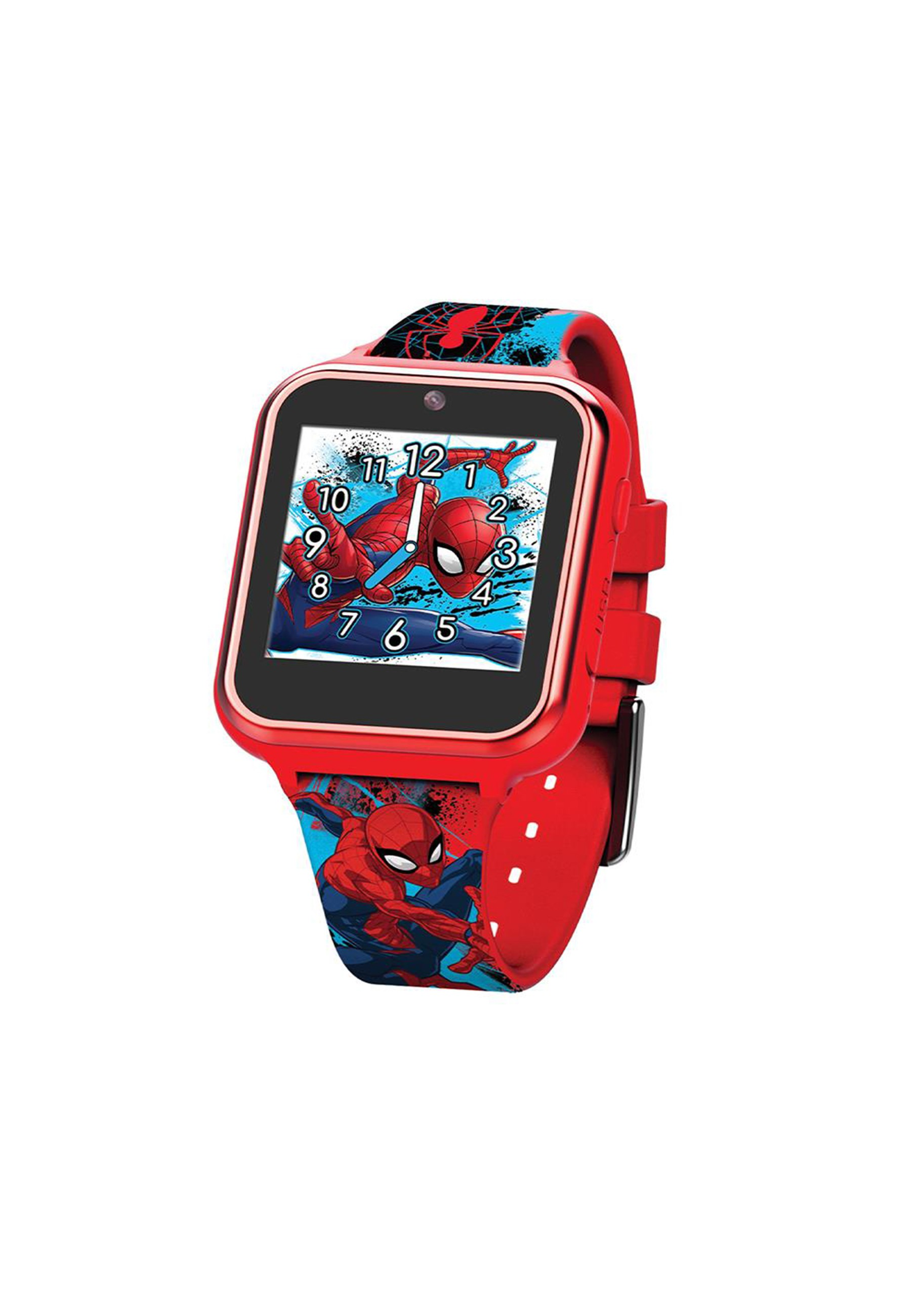 Rote Spiderman-Smartwatch mit Spiderman-Grafiken auf Bildschirm und Armband.