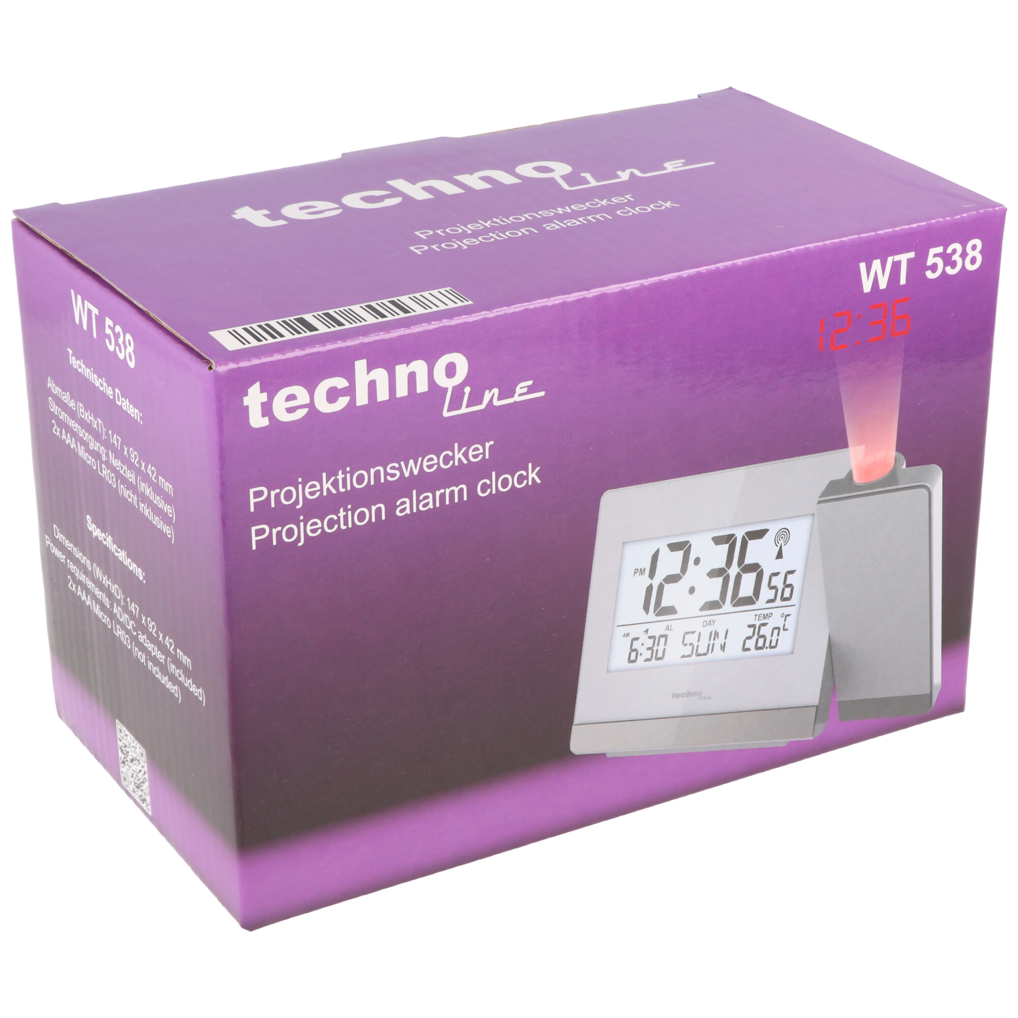 Verpackter Projektionswecker mit Text und einer Digitalanzeige, die die Uhrzeit anzeigt.