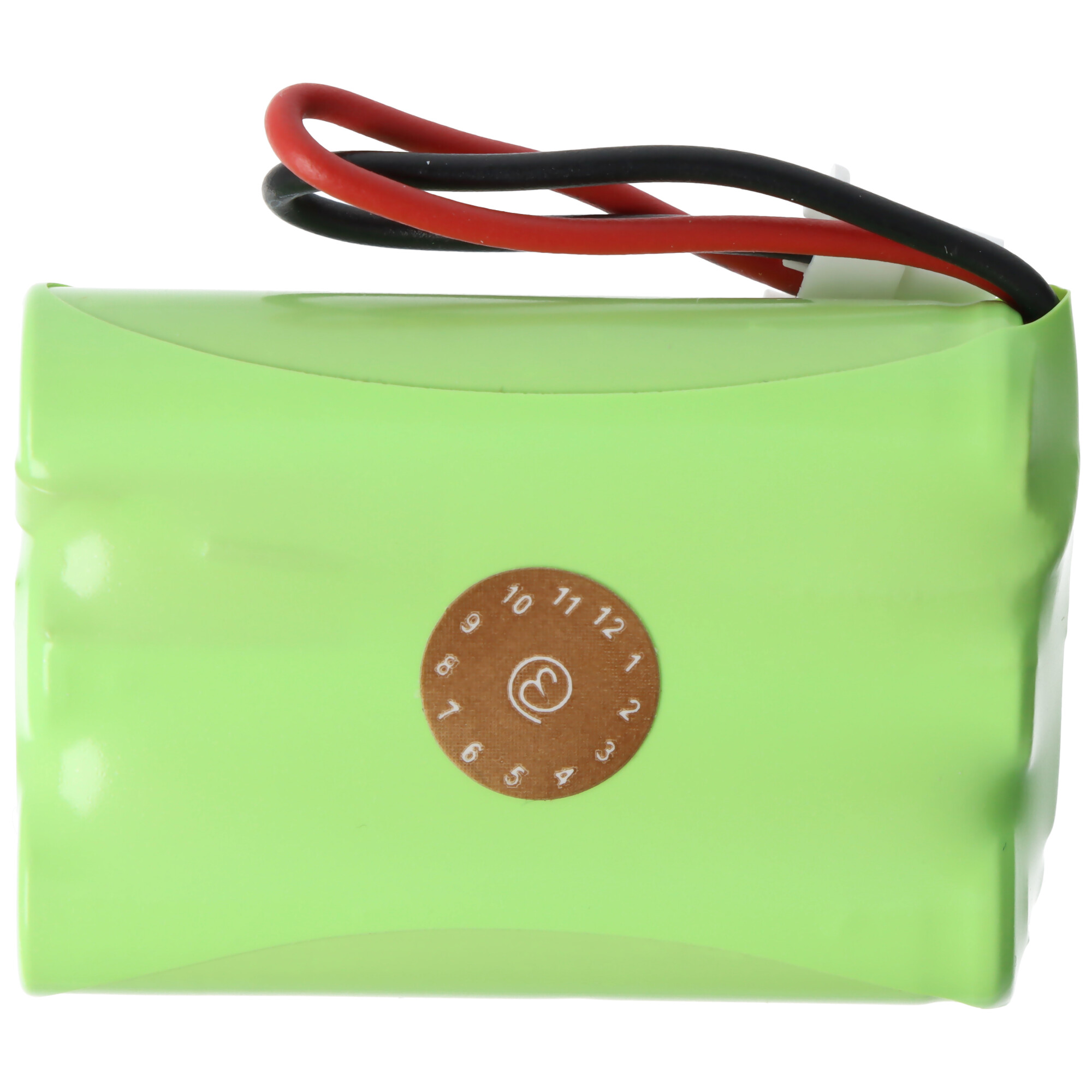 Grüne Batterie mit braunem Aufkleber und roten und schwarzen Drähten. Nummerierter Aufkleber ist sichtbar.
