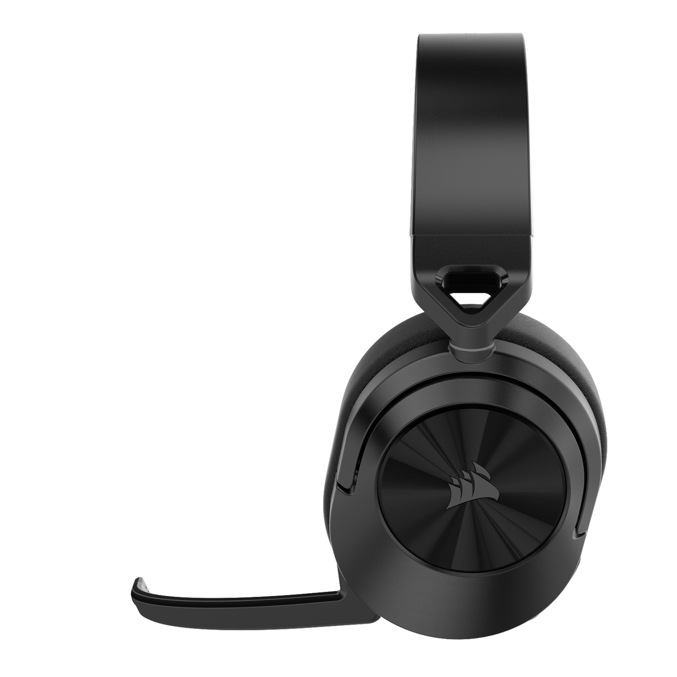 Cuffie da gioco Corsair nere. Ha un microfono e padiglioni circolari. Lo sfondo è bianco.