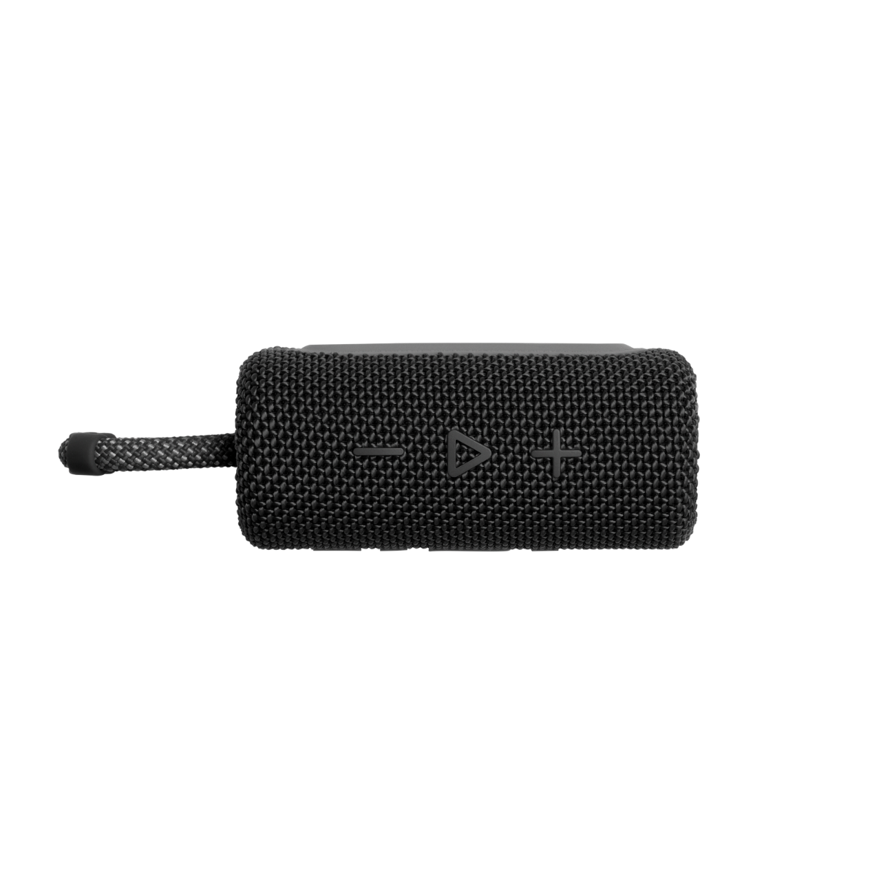 Czarny, prostokątny, przenośny głośnik z przyciskami i pętlą, na czarnym tle.