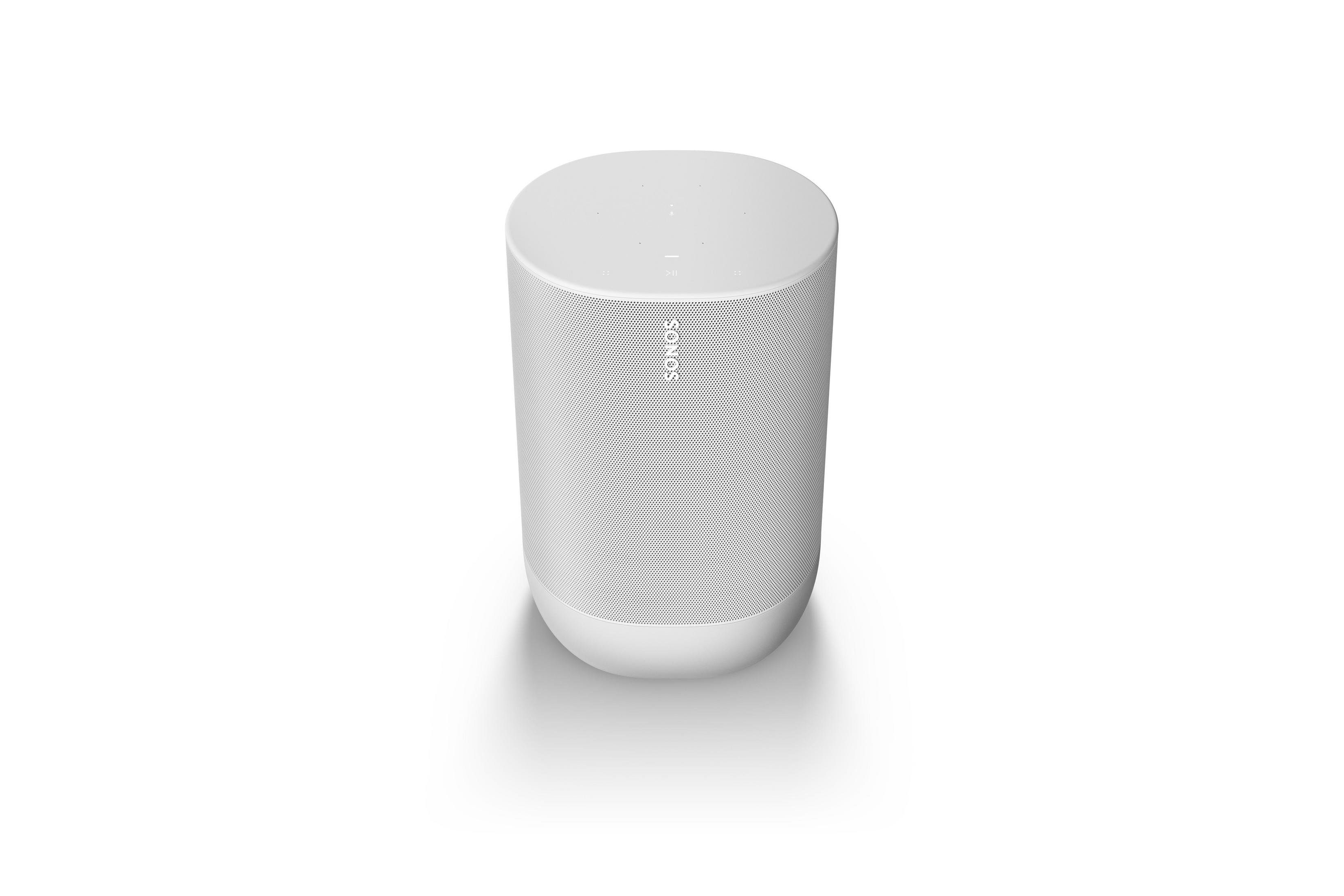 Weißer zylindrischer Sonos-Lautsprecher auf weißer Oberfläche, schlichtes Design.