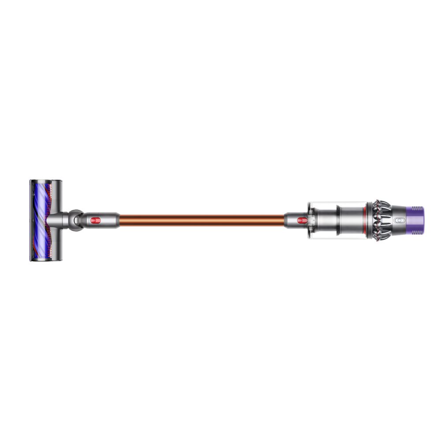 Odkurzacz Dyson, brązowy drążek z czerwonym przyciskiem i przezroczystym pojemnikiem na kurz.