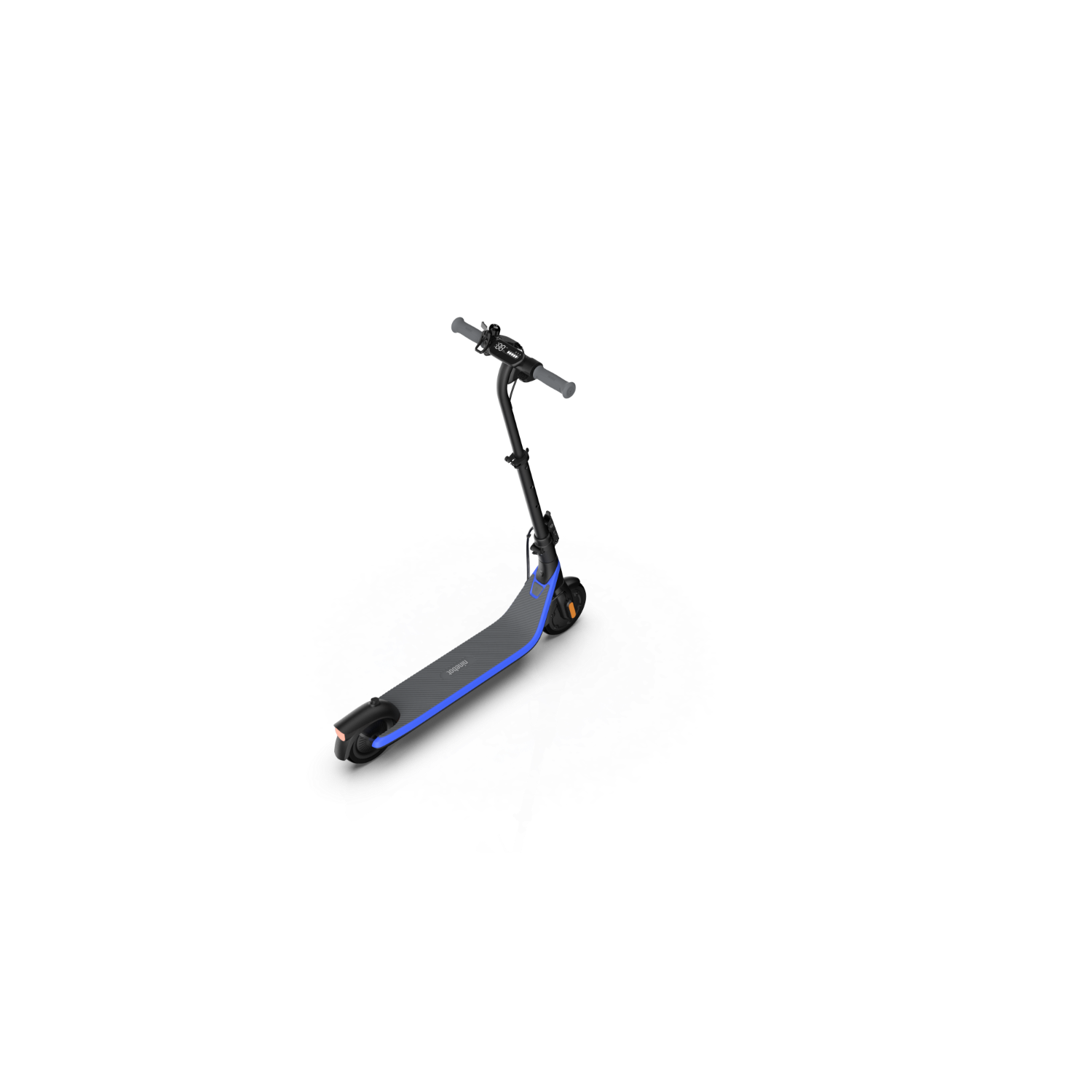 Trottinette électrique noire et bleue sur fond sombre. Un cercle blanc souligne le véhicule.