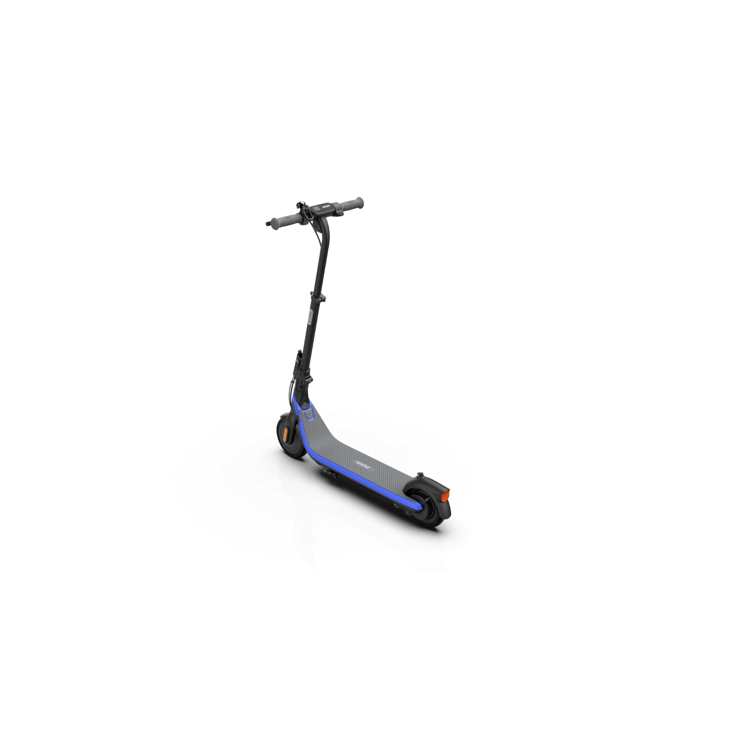 Une trottinette électrique noire et bleue. Elle a un guidon, un plateau et des roues, sur fond blanc.