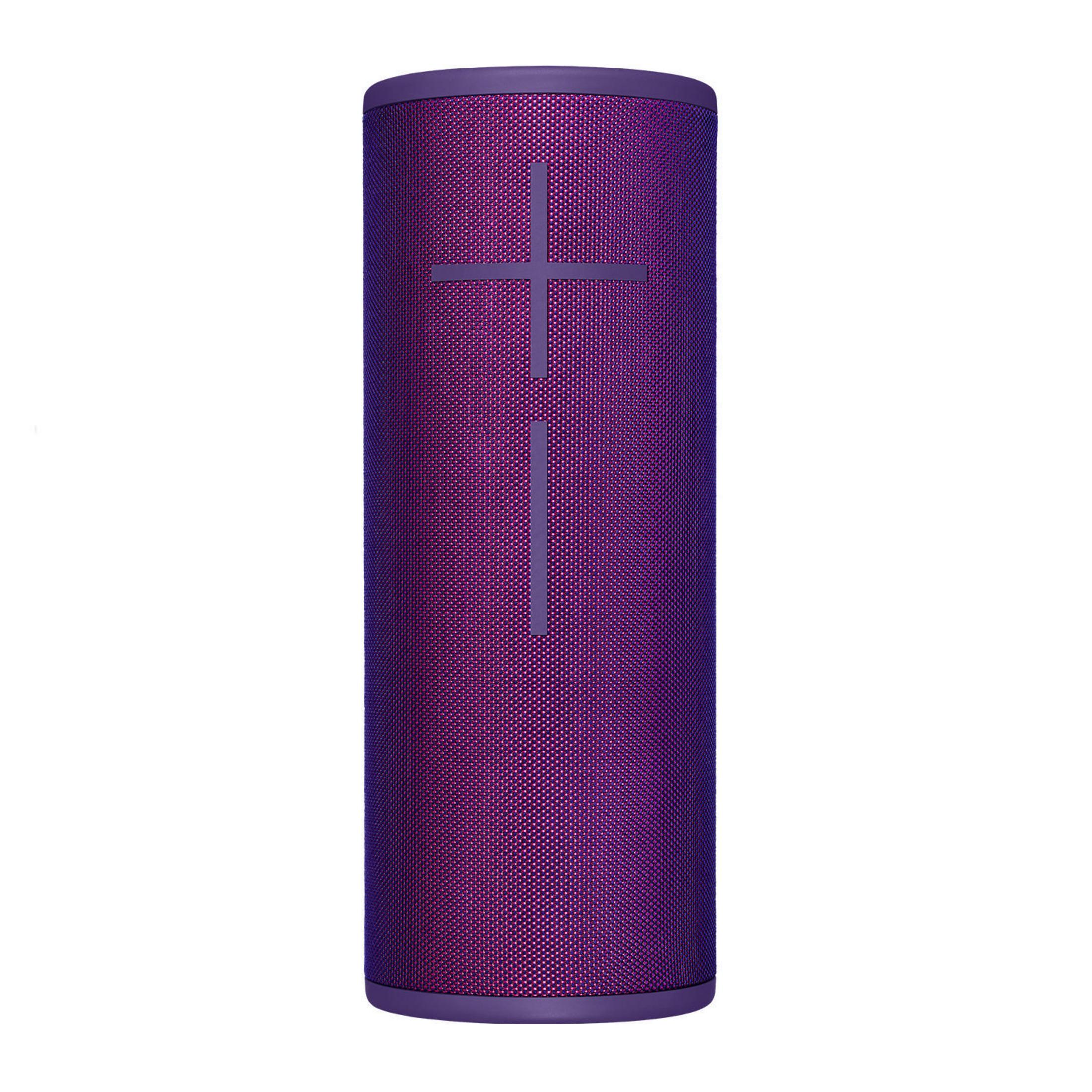 Altavoz cilíndrico morado con signo más. Fondo blanco.