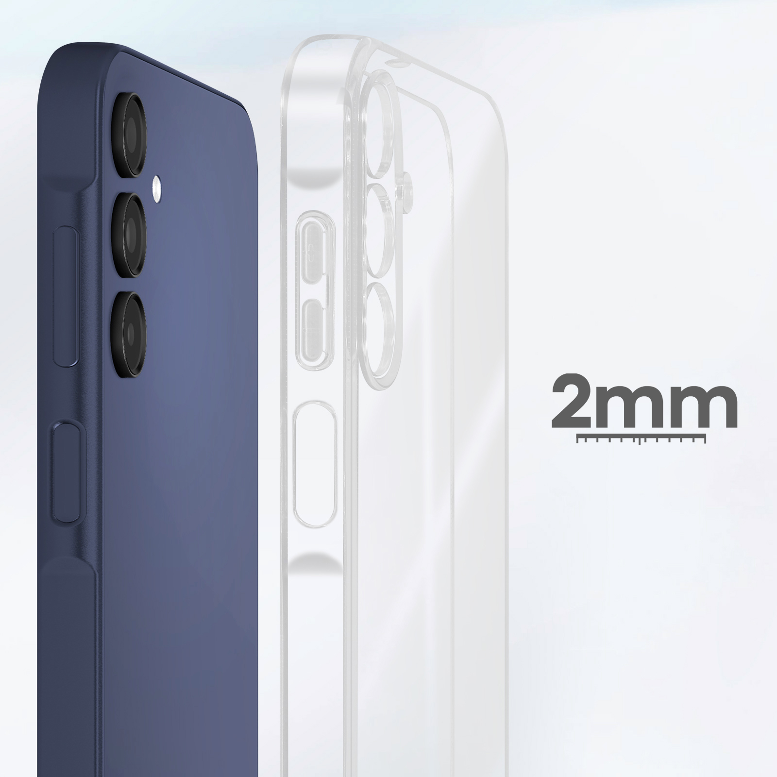 Due custodie per telefono, una blu, una trasparente. La scala mostra 2mm.