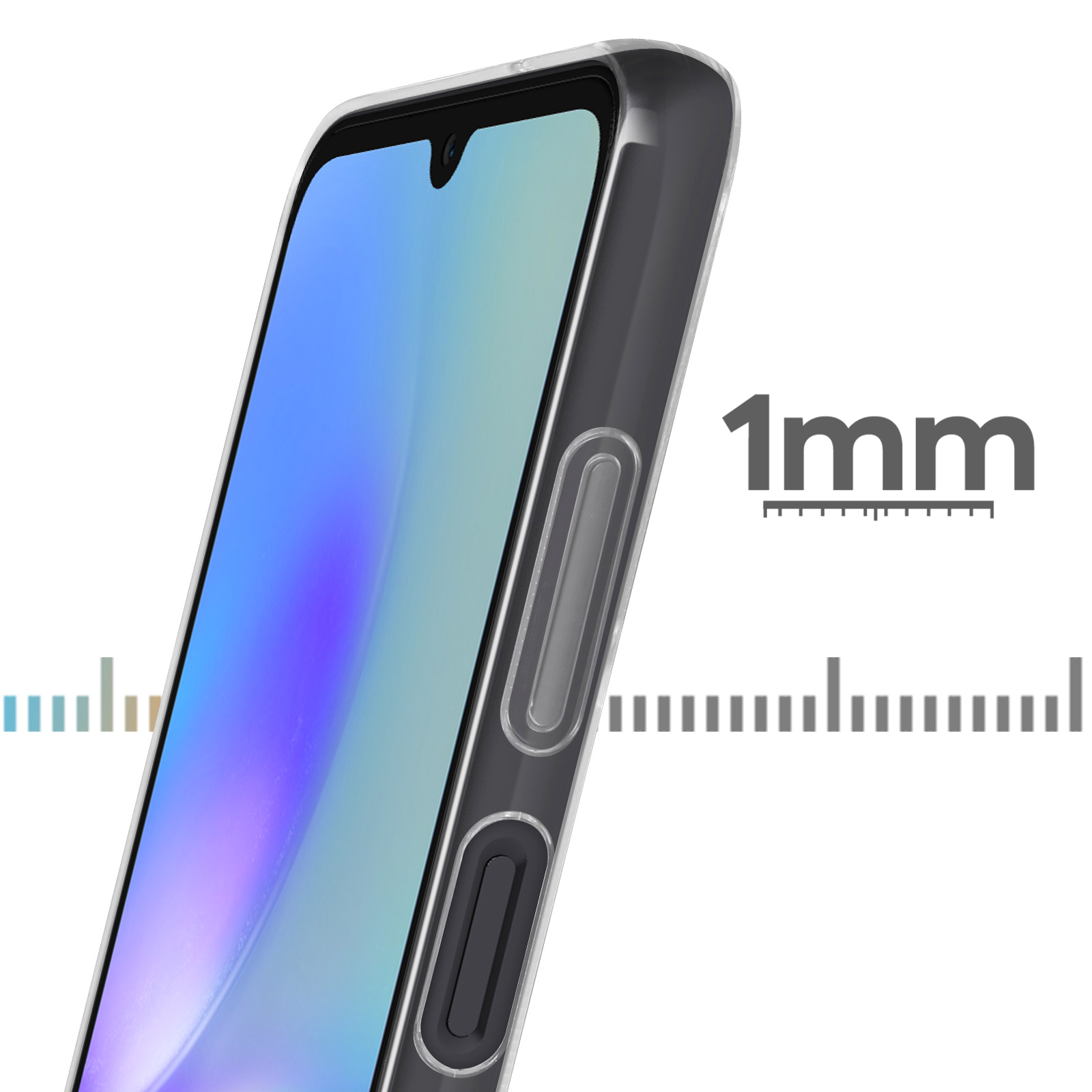 Una custodia trasparente per telefono su un telefono, che mostra un righello per le dimensioni. La custodia è trasparente con un bordo grigio.