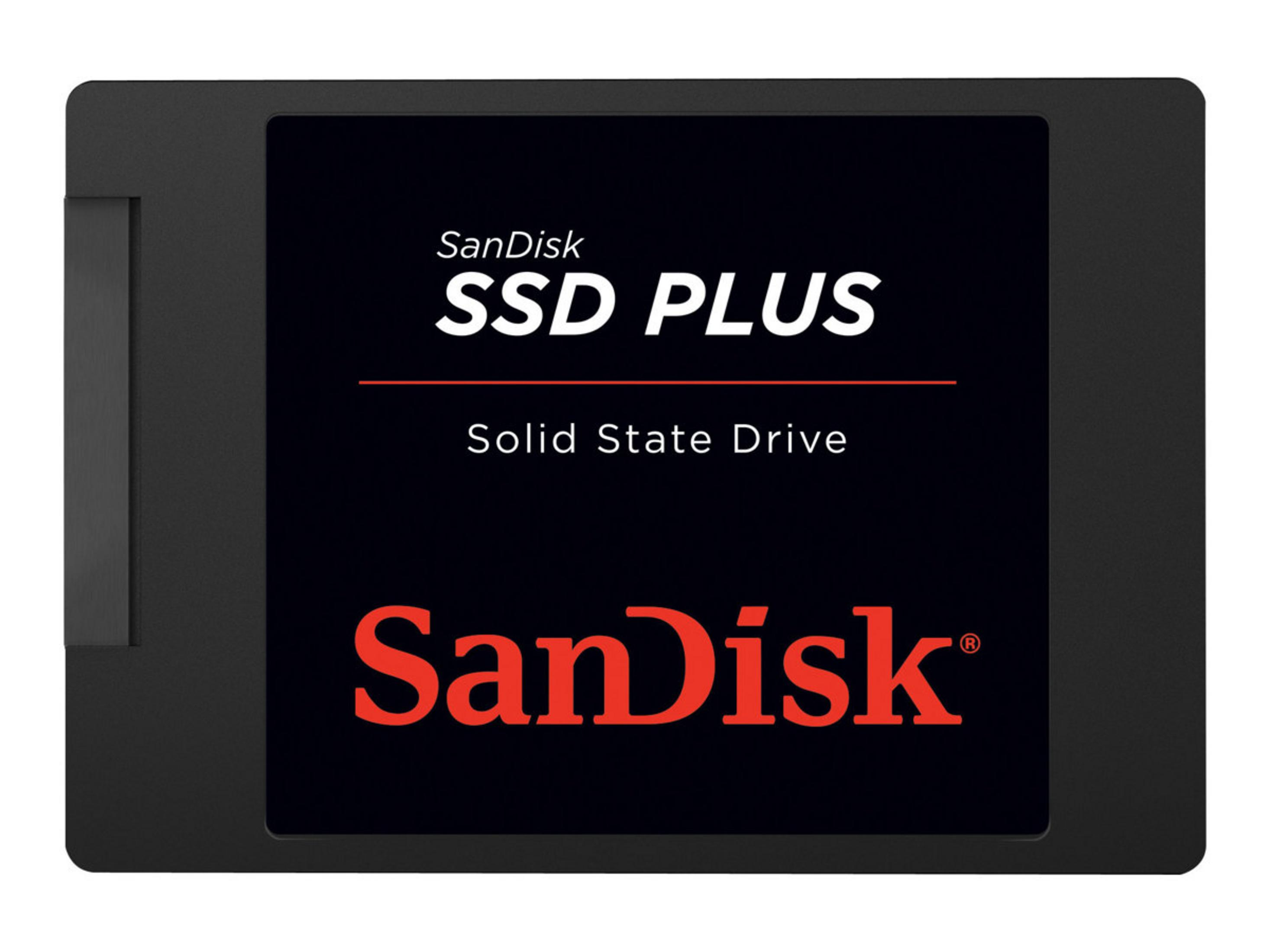 Ein schwarzes Sandisk SSD Plus-Laufwerk mit weißem Text auf rotem Hintergrund, in einem schwarzen Gehäuse.