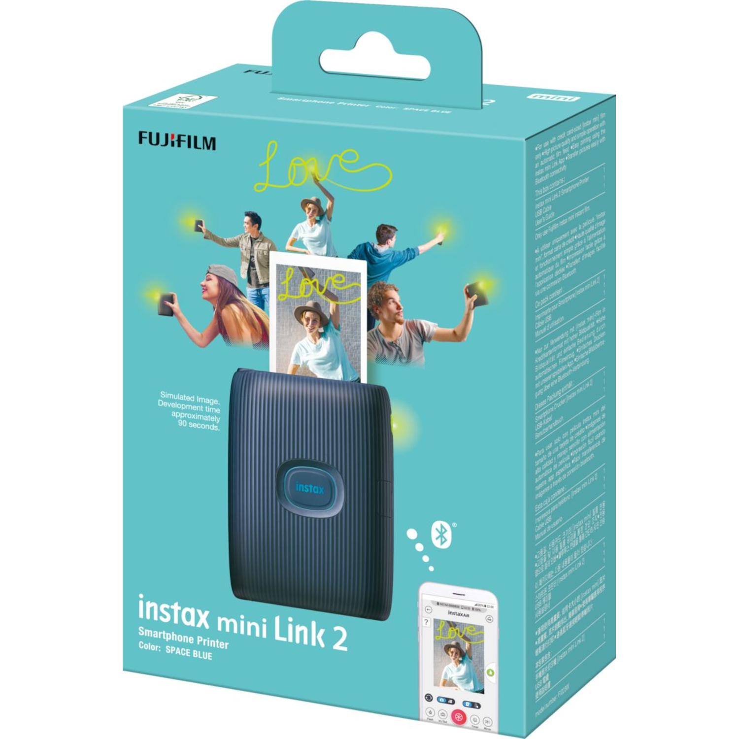 Eine blaue Instax Mini Link 2 Druckerverpackung mit Personen, die das Produkt verwenden.