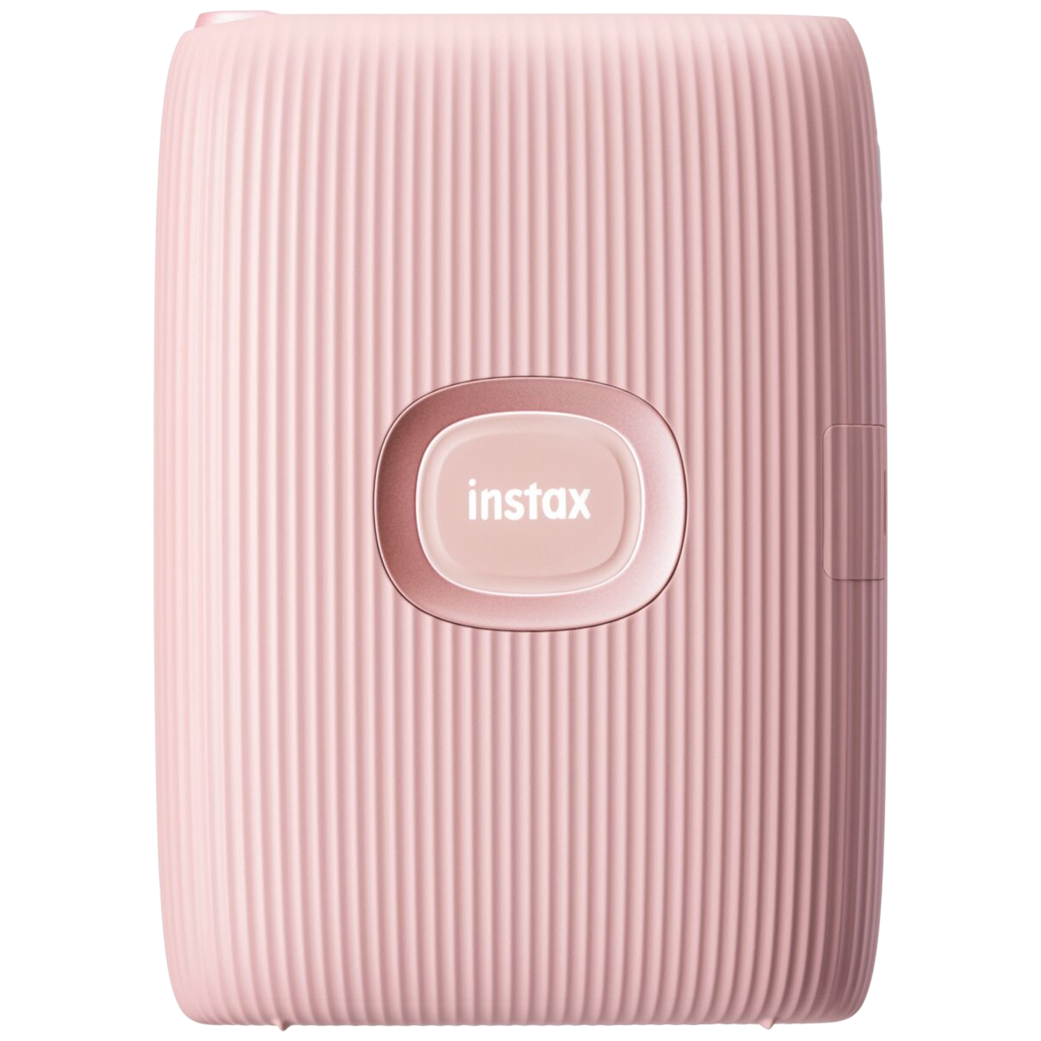 Różowa drukarka Instax Mini Link 2 z prążkowaną konstrukcją na czarnym tle.