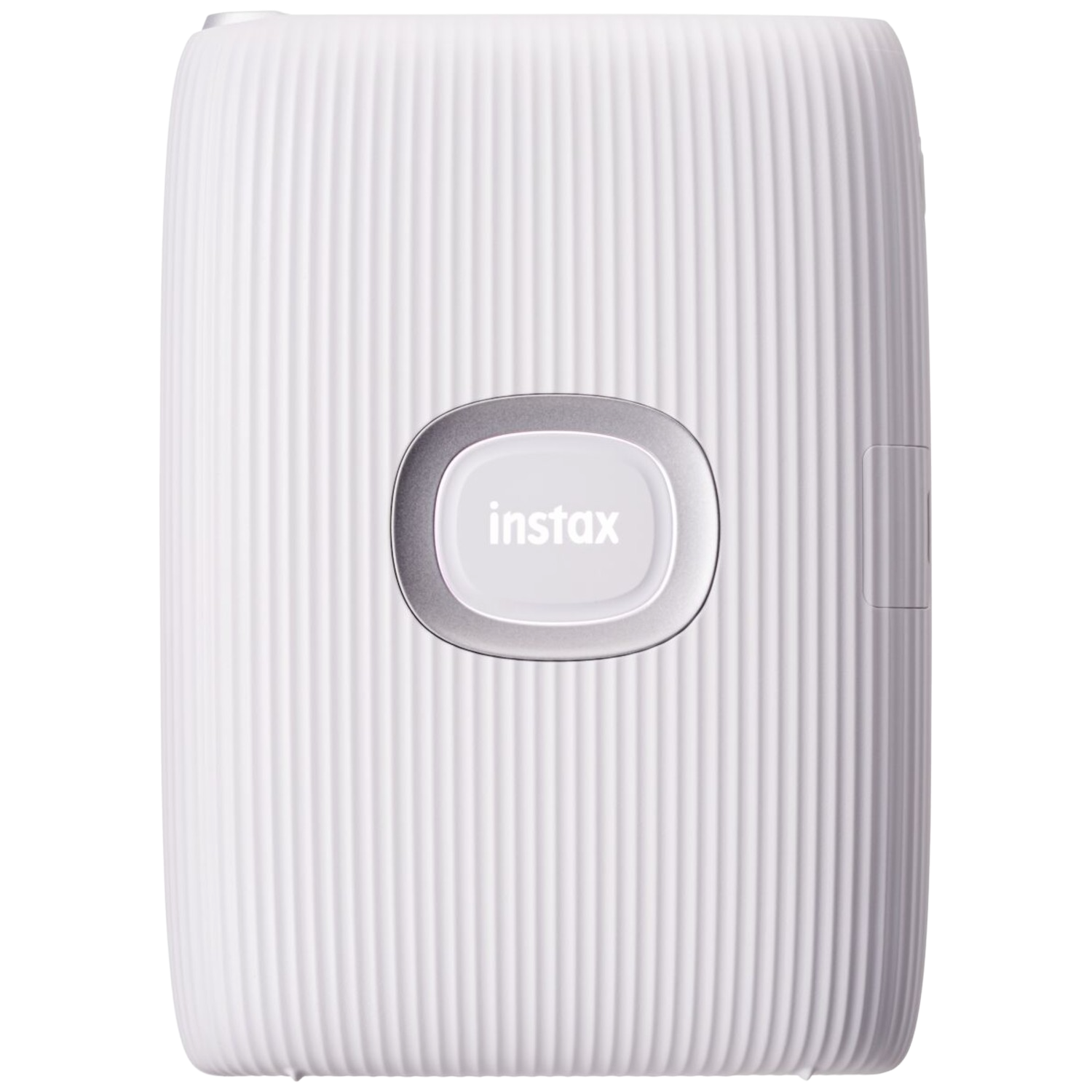 Biała drukarka Instax z logo Instax pośrodku.