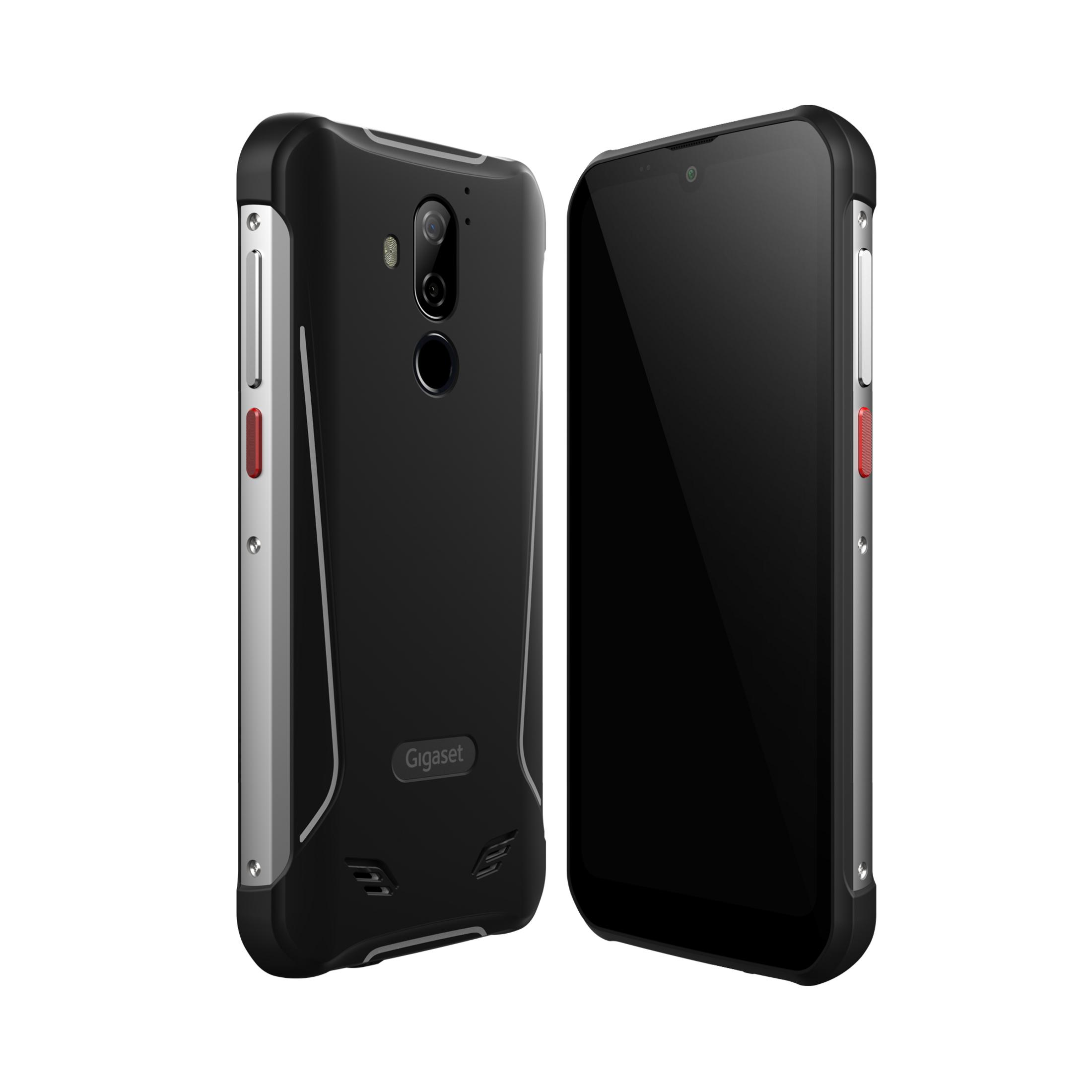 Zwei schwarze Smartphones mit robustem Design. Ein Telefon zeigt seinen Bildschirm.