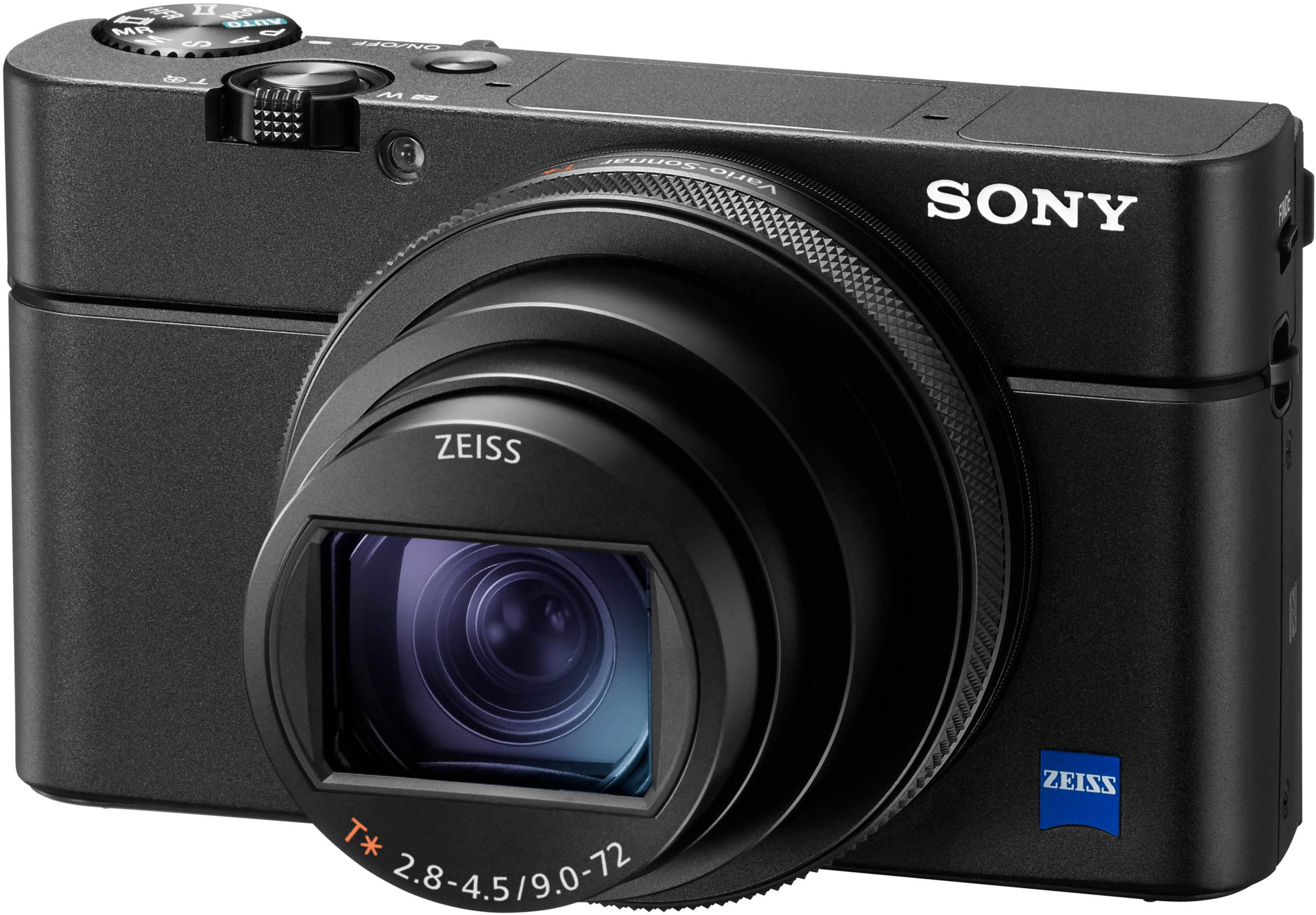 Schwarze Kamera mit Objektiv, Sony-Logo und ZEISS-Branding.
