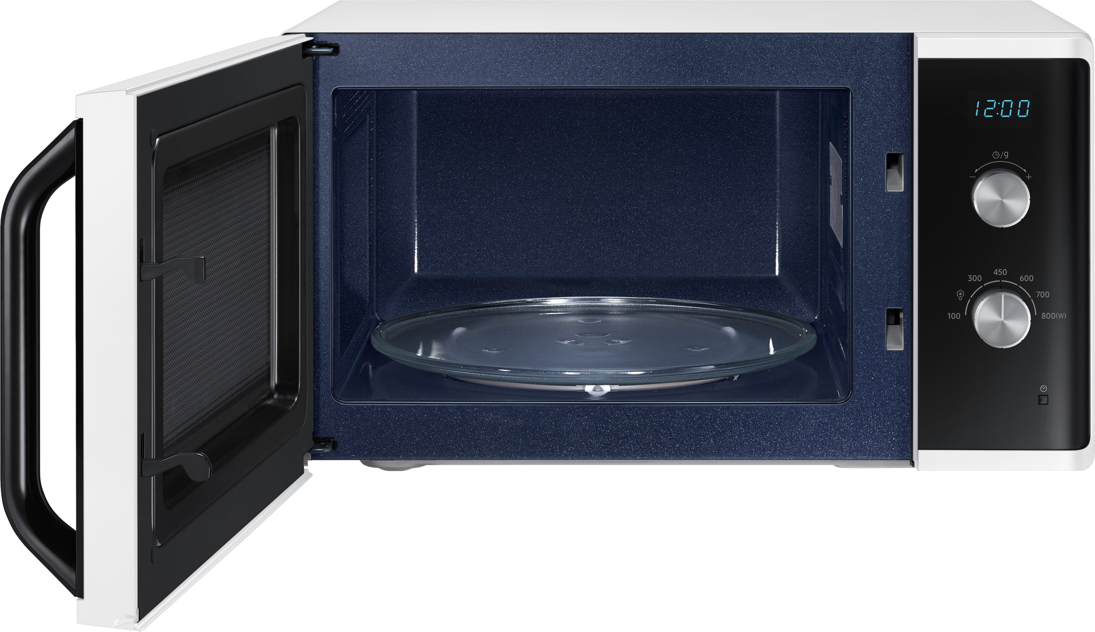 Biała kuchenka mikrofalowa z otwartymi drzwiami, pokazująca szklany talerz w środku i panel sterowania po prawej stronie.