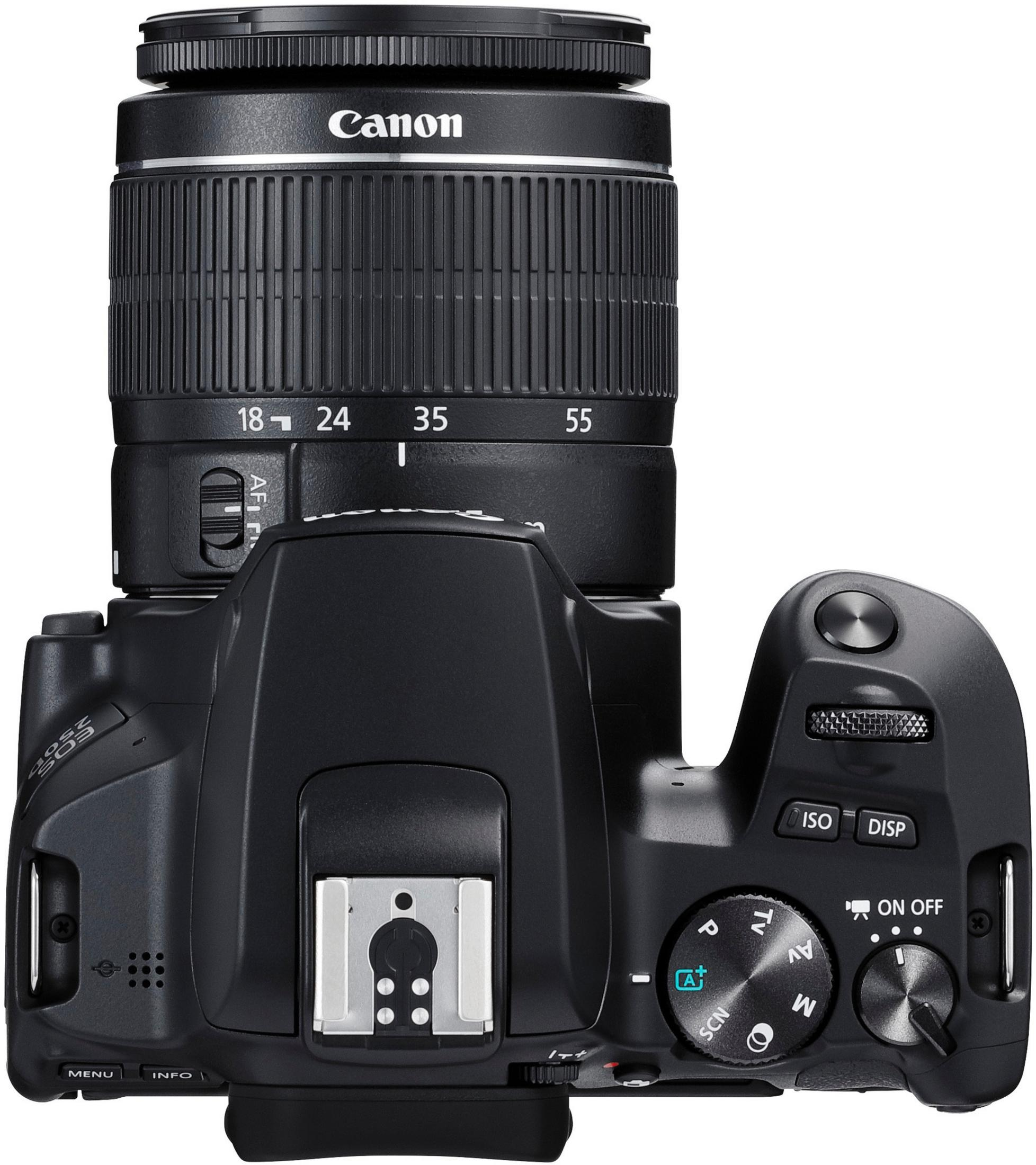 Fotocamera Canon DSLR, nera, vista dall'alto. Mostra obiettivo, ghiere e pulsanti per le impostazioni.