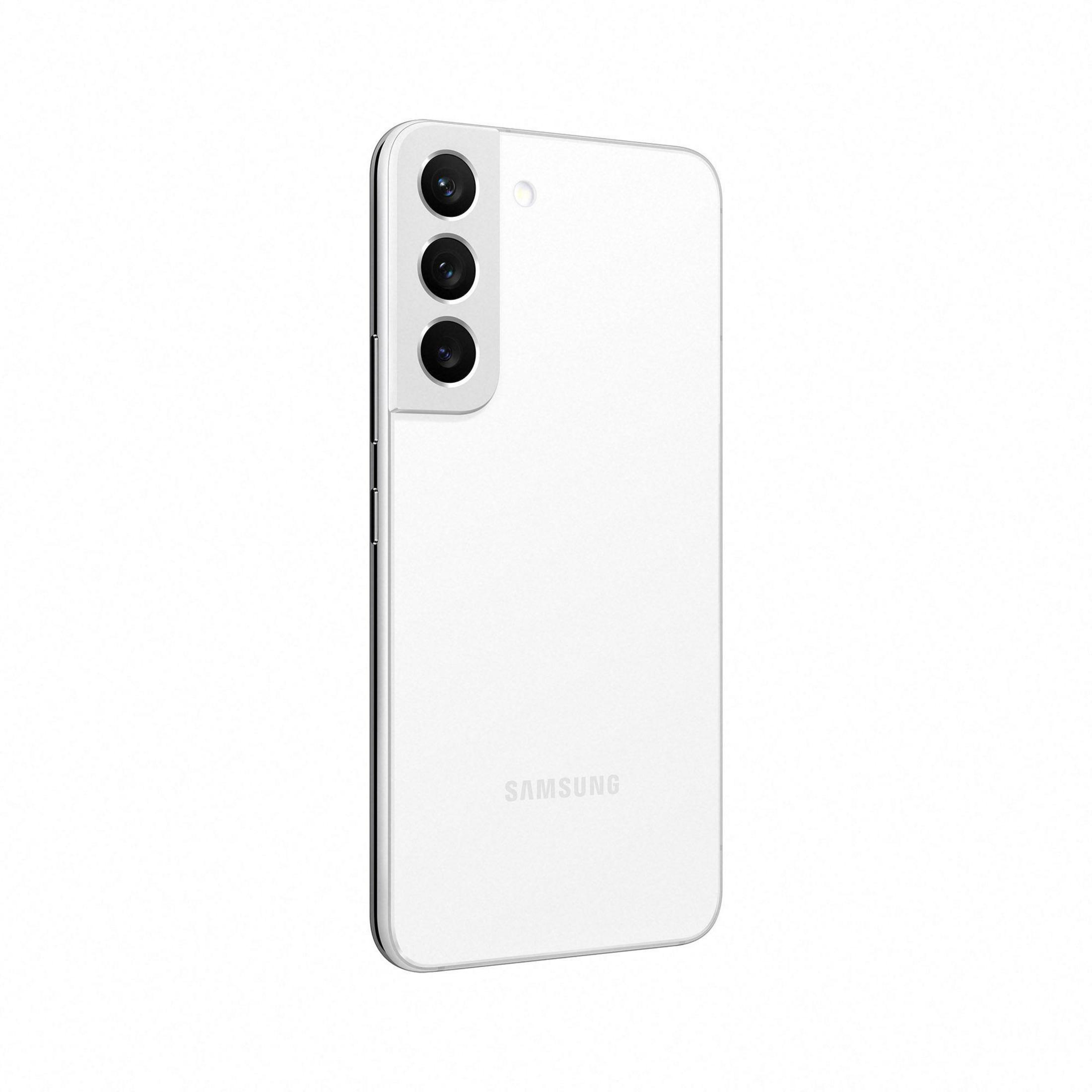 Biały smartfon Samsung, widok z tyłu, z trzema tylnymi aparatami i logo Samsung.