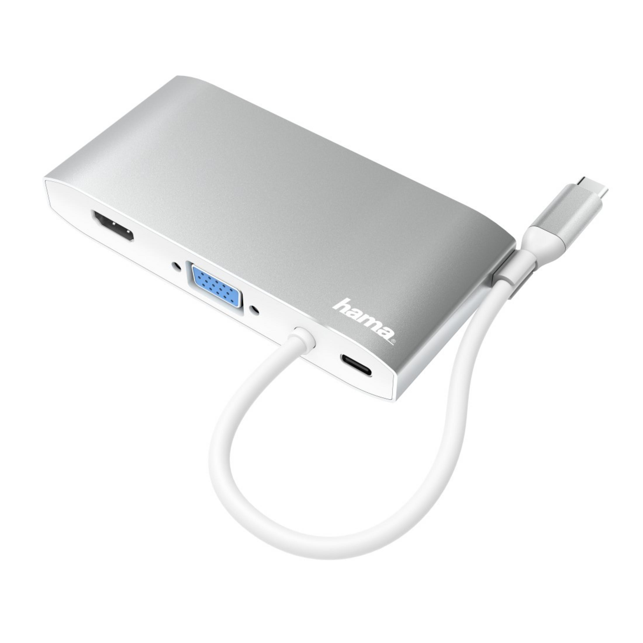 Silberner USB-C-Hub mit HDMI- und VGA-Anschlüssen und weißem Kabel.